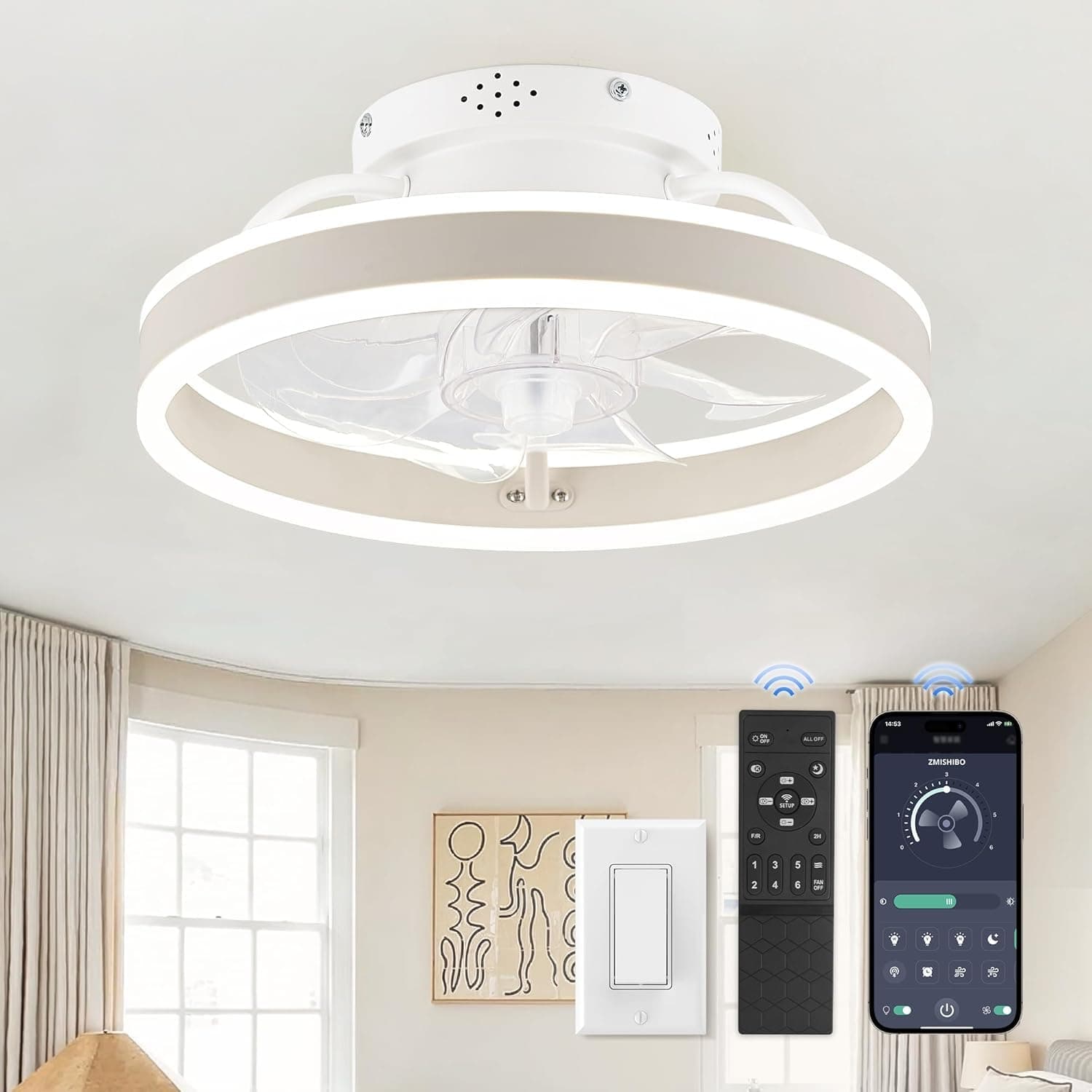 ZMISHIBO Low Profile Ceiling Fans with Lights and Remote, 13 Inch Fandelier Ceiling Fan with Light, White Modern Flush Mount Ceiling Fan, Small Dimmable LED Fan Lights for Bedroom