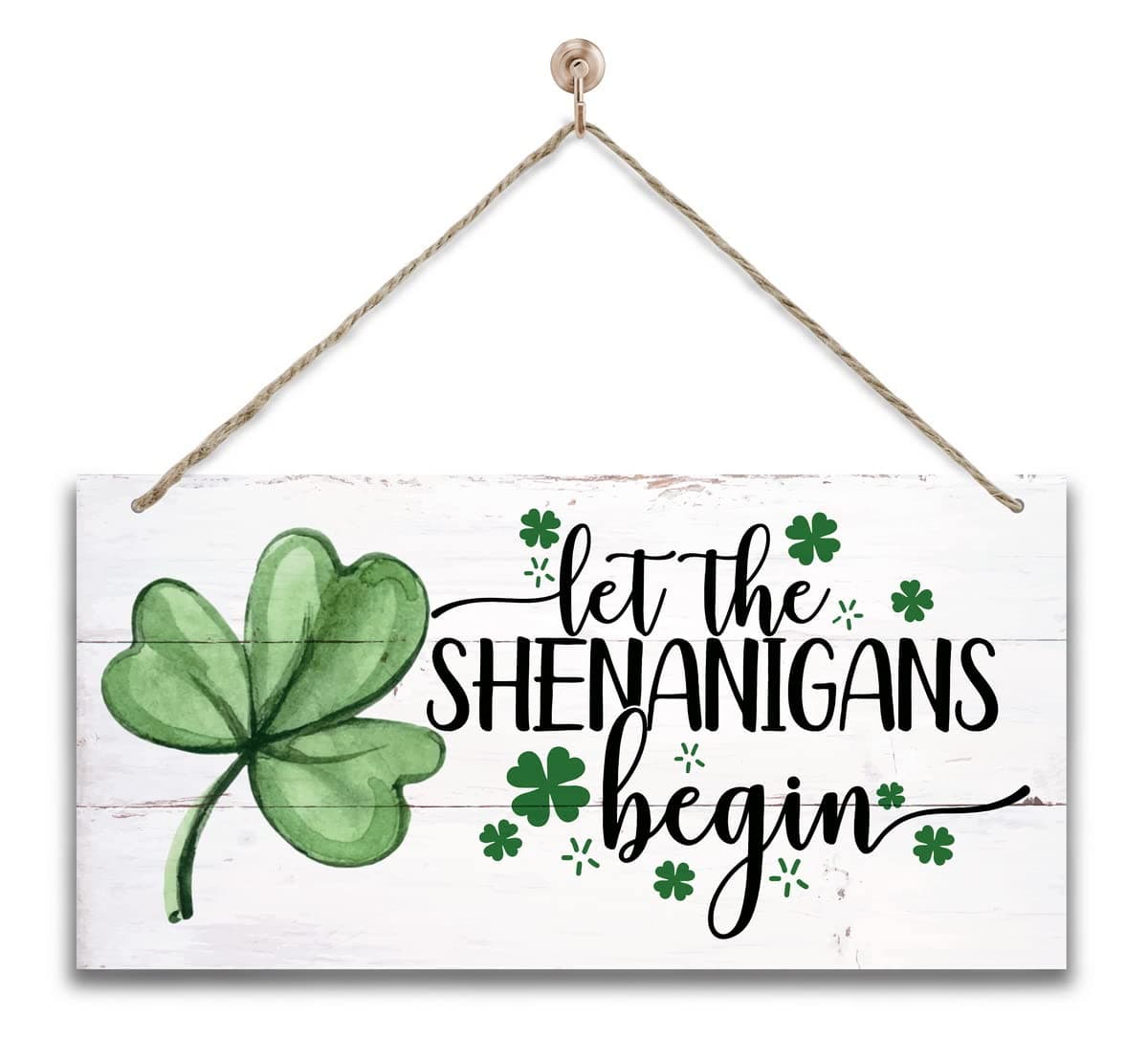 Hanging St. Patrick's Day Wooden Decor - 'Let the Shenanigans Begin' Wall Art, Home & Door Sign, Shamrock Theme