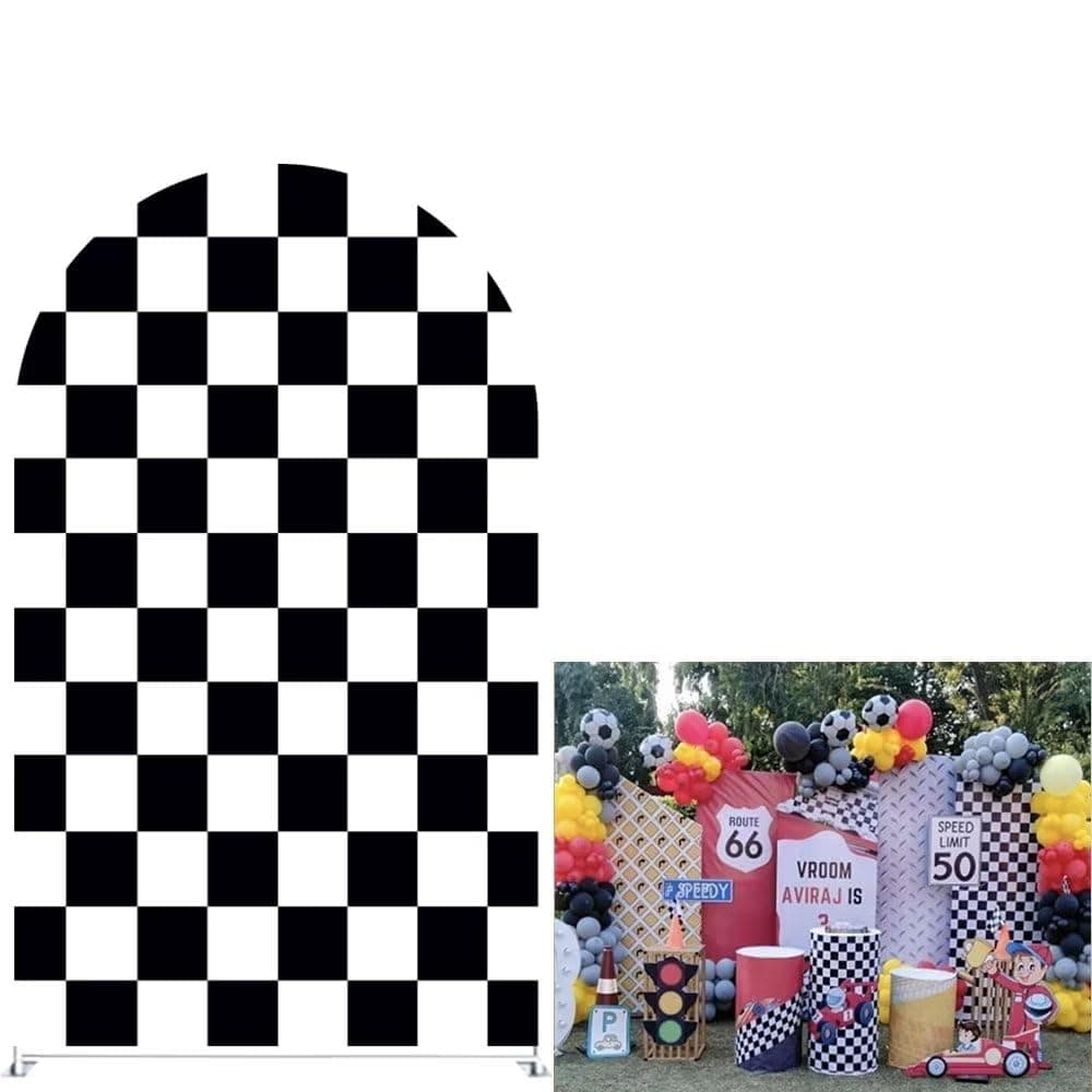 Aerdce Black and White Checkered Racing Track Arched Fabric Backdrop Cover Arch Backdrop Stand Covers for Racing Party Photoshoot(Only Cover), LXUS-NO-363-90X200CM