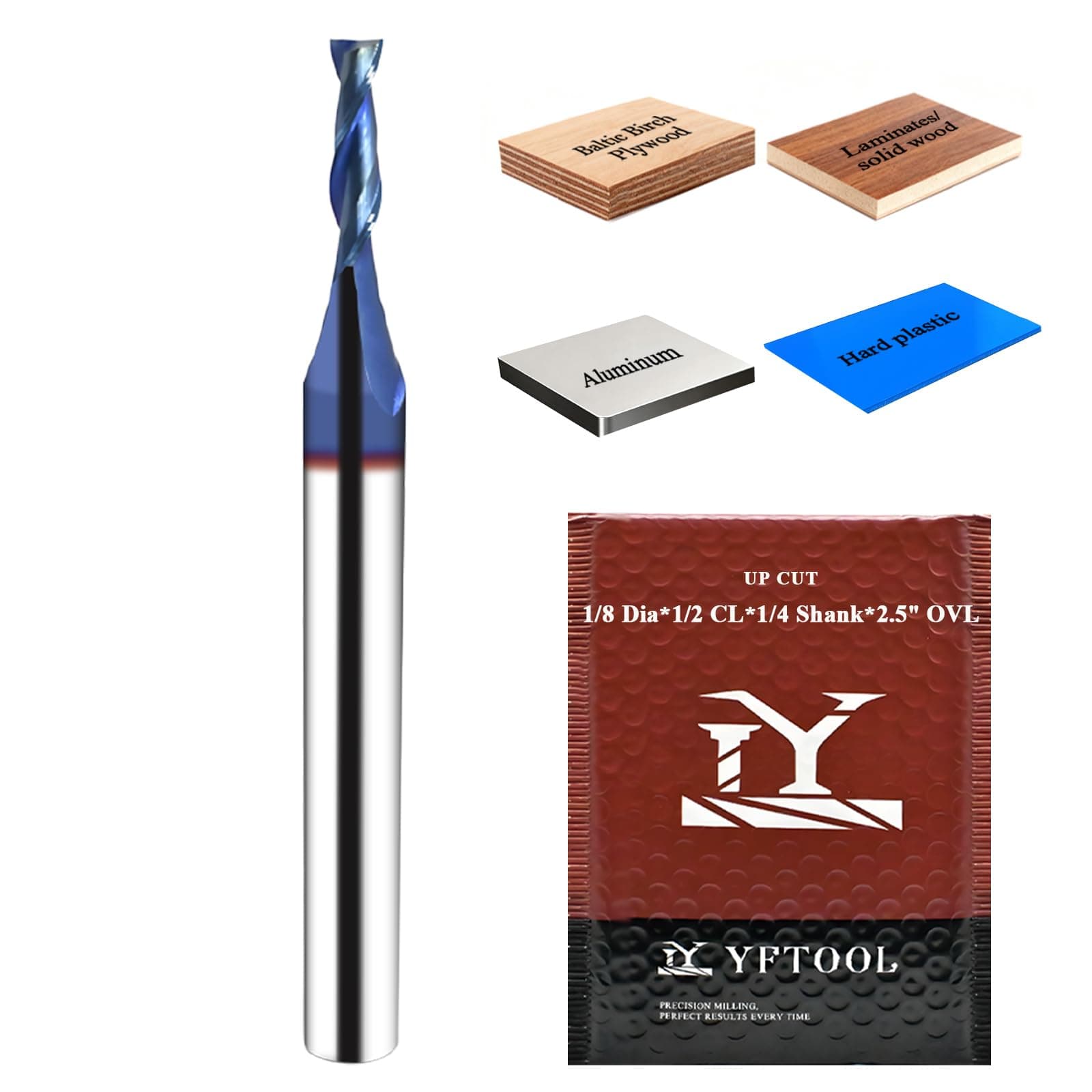 YFTOOL 1/8 Dia End Mill Spiral Upcut Router Bit with 1/4 Shank Nano Blue Coating 2 Flute Up Cut Router Bit for Wood MDF Aluminum Carving Engraving Solid Carbide CNC Endmill 1/2 CL, 2-1/2 OVL