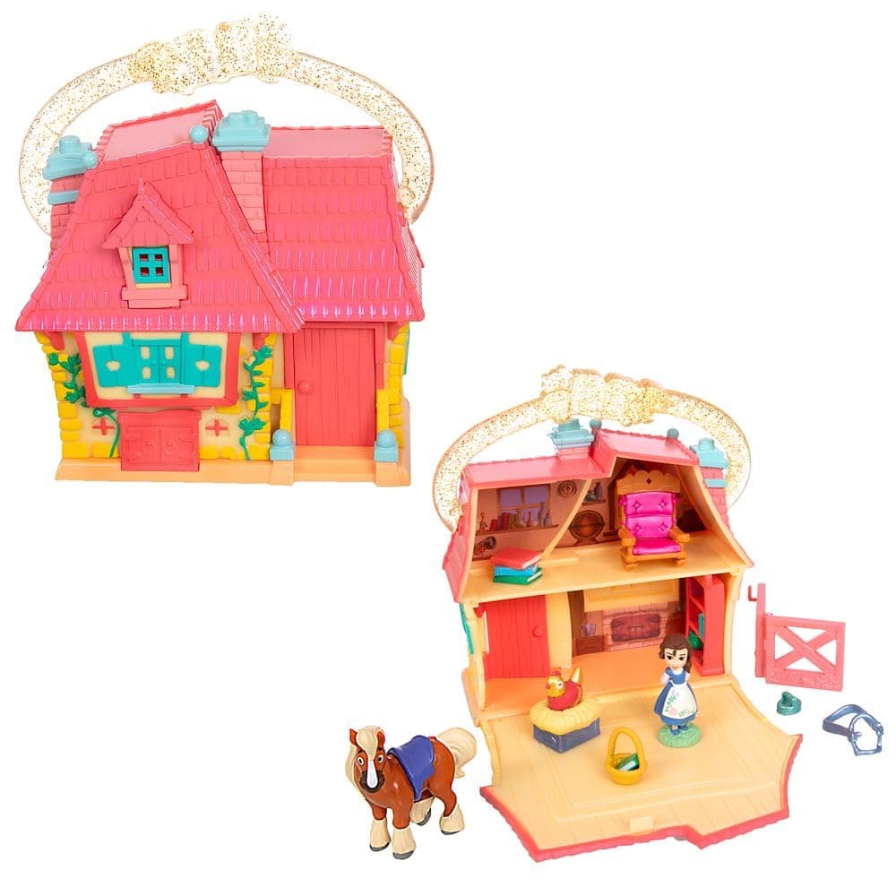 DISNEY STORE Juego oficial de Belle Cottage, juego de micro juguetes que incluye micro figuras de Belle y Philippe, juguete de viaje portátil con asa, juguetes de viaje con revelaciones sorpresa