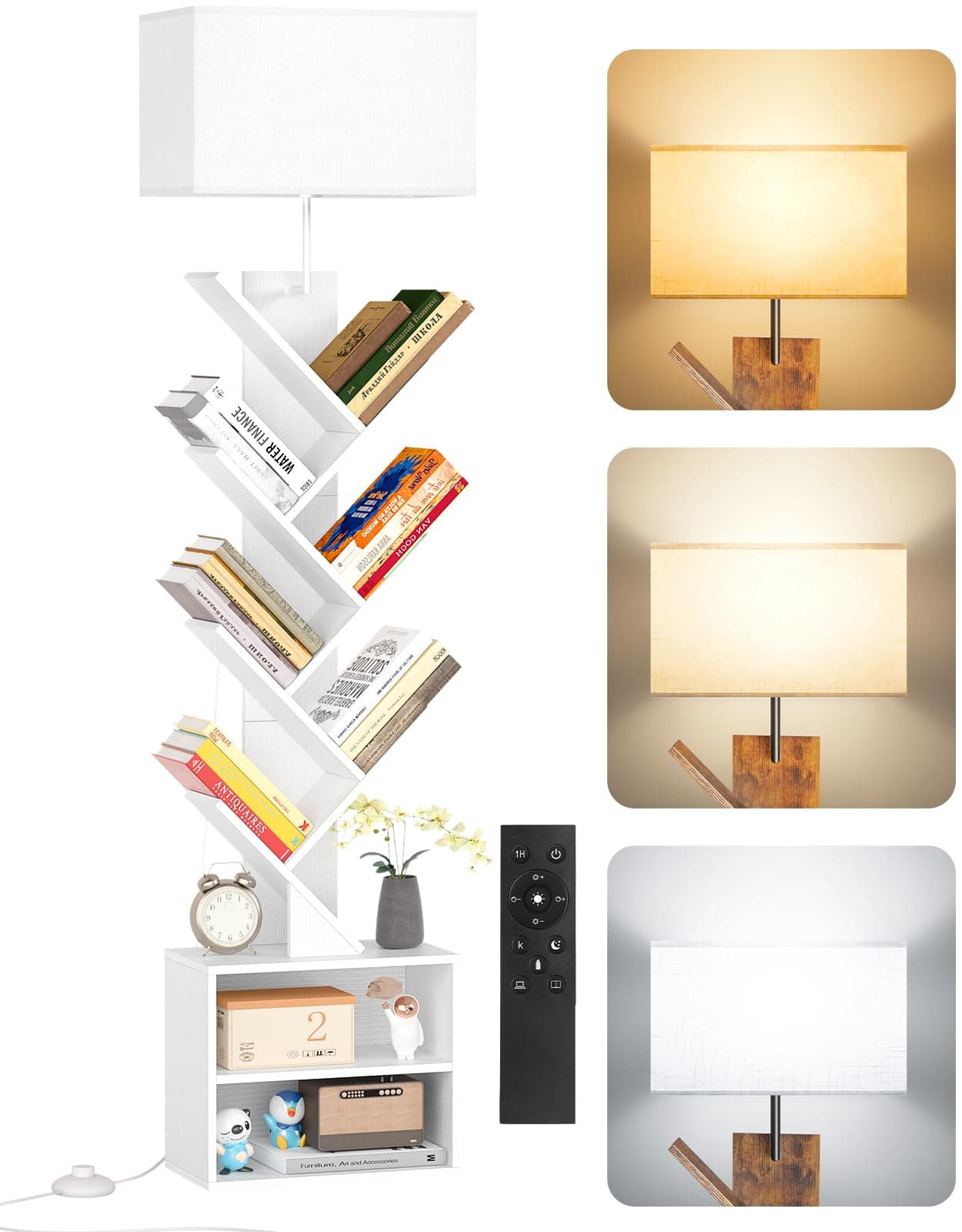 OUTONLIFE 9 Tier Tree Bookshelf with Light, Remote, Timer & Cabinet, Dimmable Modern Tall Floor Standing Corner Book Shelf, Small Narrow Wood Bookcase for Living Room, Bedroom, Office (White)