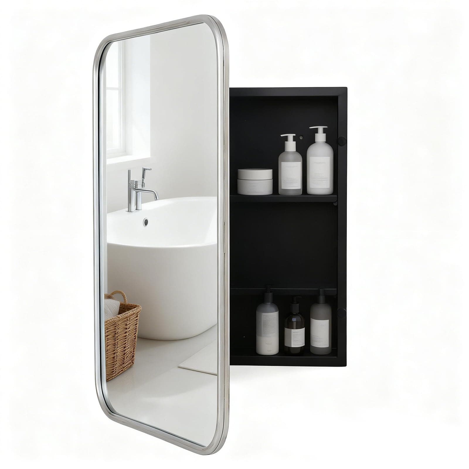 VIWILII Brushed Metal Medicine Cabinet, Rounded Rectangle Bathroom Mirror with Storage, 2 Adjustable Shelves, Recessed or Surface Mount Mounting, Reversible Door (Brushed Sliver, 24x32)