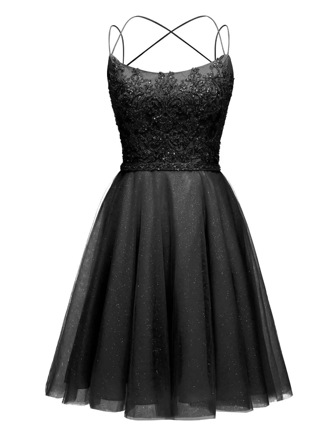 XIAOMANYAO Women's Sparkly Tulle Homecoming Dresses for Teens Lace Short Prom Dress Beaded Appliques Cocktail Dress, Black, 2