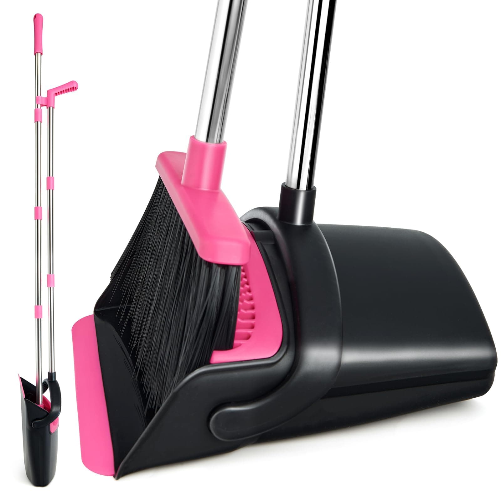 XXFLOWER Broom and Dustpan Set, Long Handle Lightweight Dustpans with Broom Combo for Home, Indoor&Outdoor Sweeping for Home Room Kitchen Office Lobby (Black Pink)