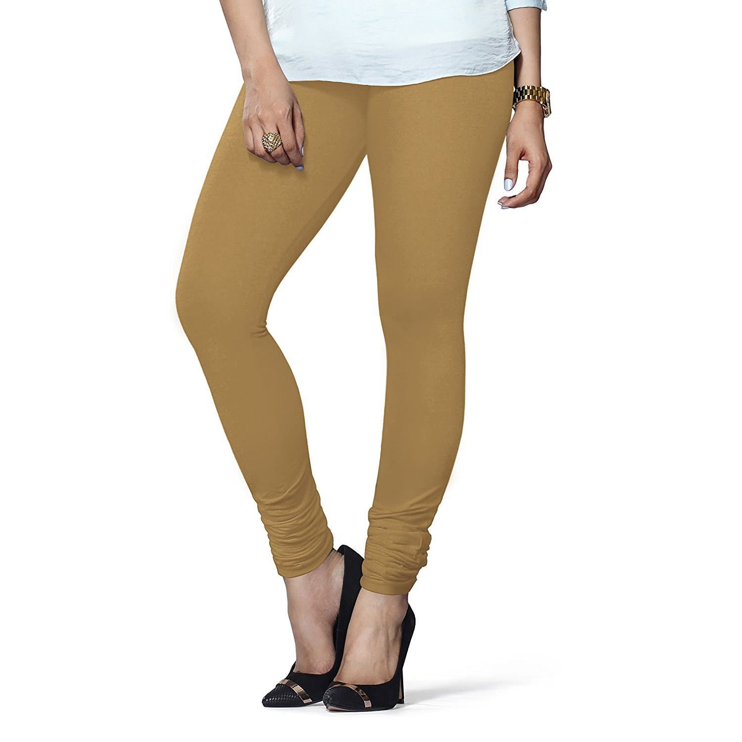 ladyline 4-Way Stretch Cotton-Stretch Plain Leggings Churidar Long Yoga Pants, Biscuit, One Size
