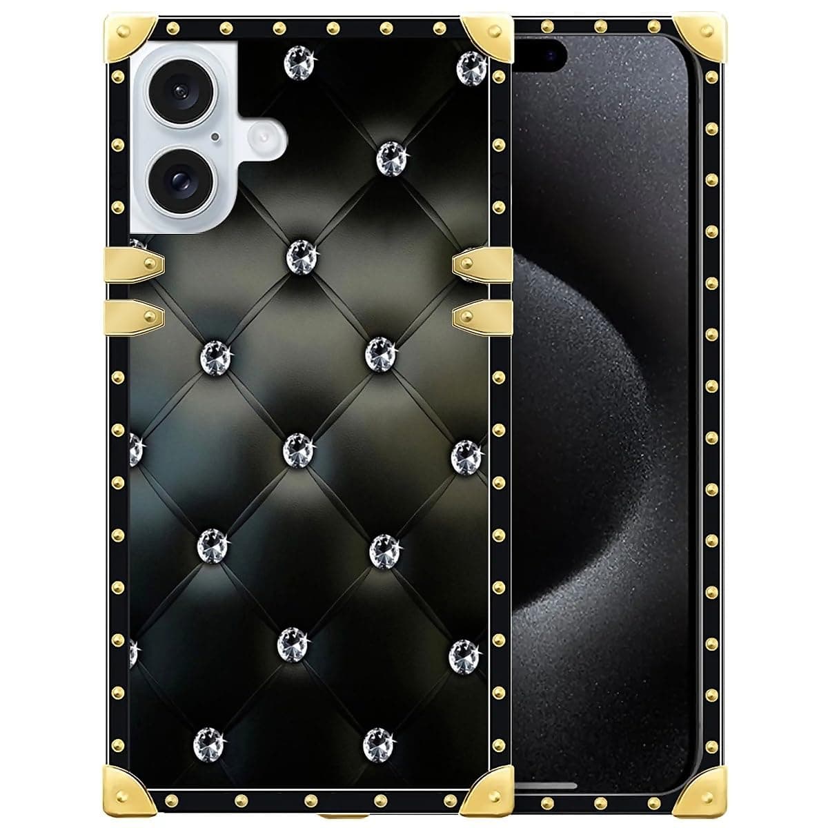 WANKBLC Compatible with iPhone 16 Case, Shiny Black Sofa Crystal Luxury Golden Decoration for Girl Women Soft TPU Shockproof Protective Hard PC Back