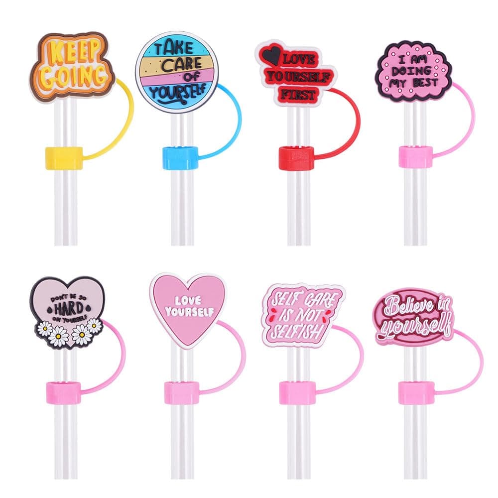 Silicone Straw Covers Cap for Tumblers 30oz 40oz, 0.4 Inch/10mm 8PCS Cute Butterfly Flower Cup Accessories Reusable Drinking Straw Toppers Tips Lids (Positive English Phrases Heart Shape Design)