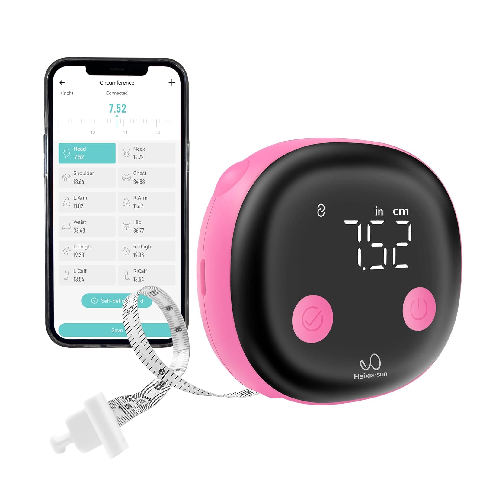FITDAYS Smart Body Tape Measure with Bluetooth Fitdays APP for Body Fat & Muscle Measurement, LED Display,Type-C,Unlimited Users (Pink)