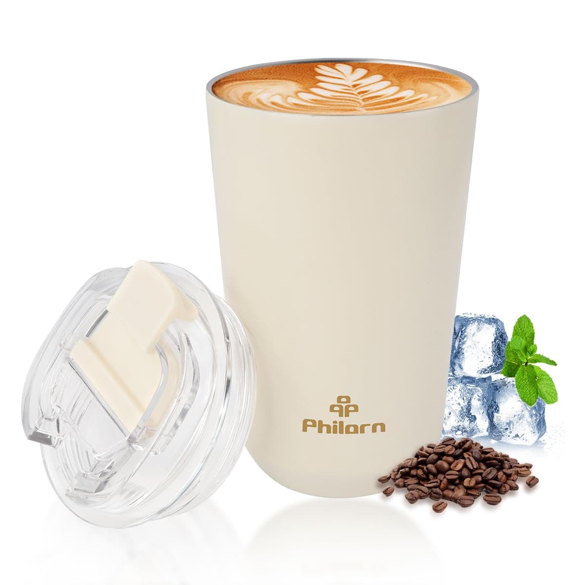 PHILORN Travel Coffee Mug, Coffee Cup-12 OZ Insulated With Lid, White Stainless Steel Coffee Mug with Double Wall, Thermal Cup for Hot & Cold Drinks