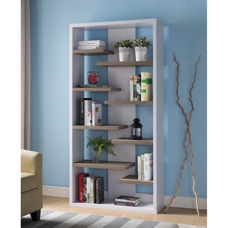 Q-Max Contemporary Bookcase Display Shelf Bookshelf for Living Room, White & Dark Taupe