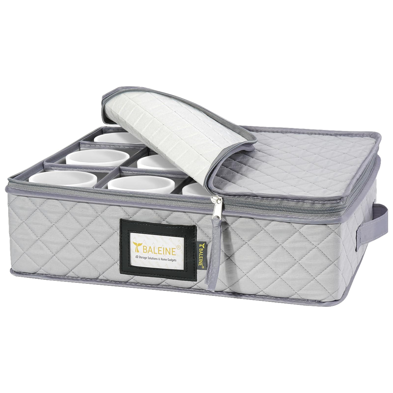 BALEINE China Storage Containers, Soft Shell Case for Organizing, Stackable Moving Storage Box with Felt Plate Dividers for Dishes, Glasses, Mugs (Mug Storage, Grey)