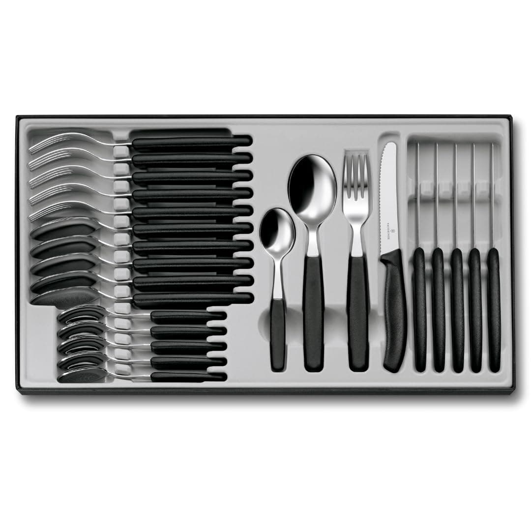 Victorinox Classic, Posate professionali, 12 pezzi, Lama extra seghettata, a forma di onda, 11 cm, Acciaio inossidabile, Nero