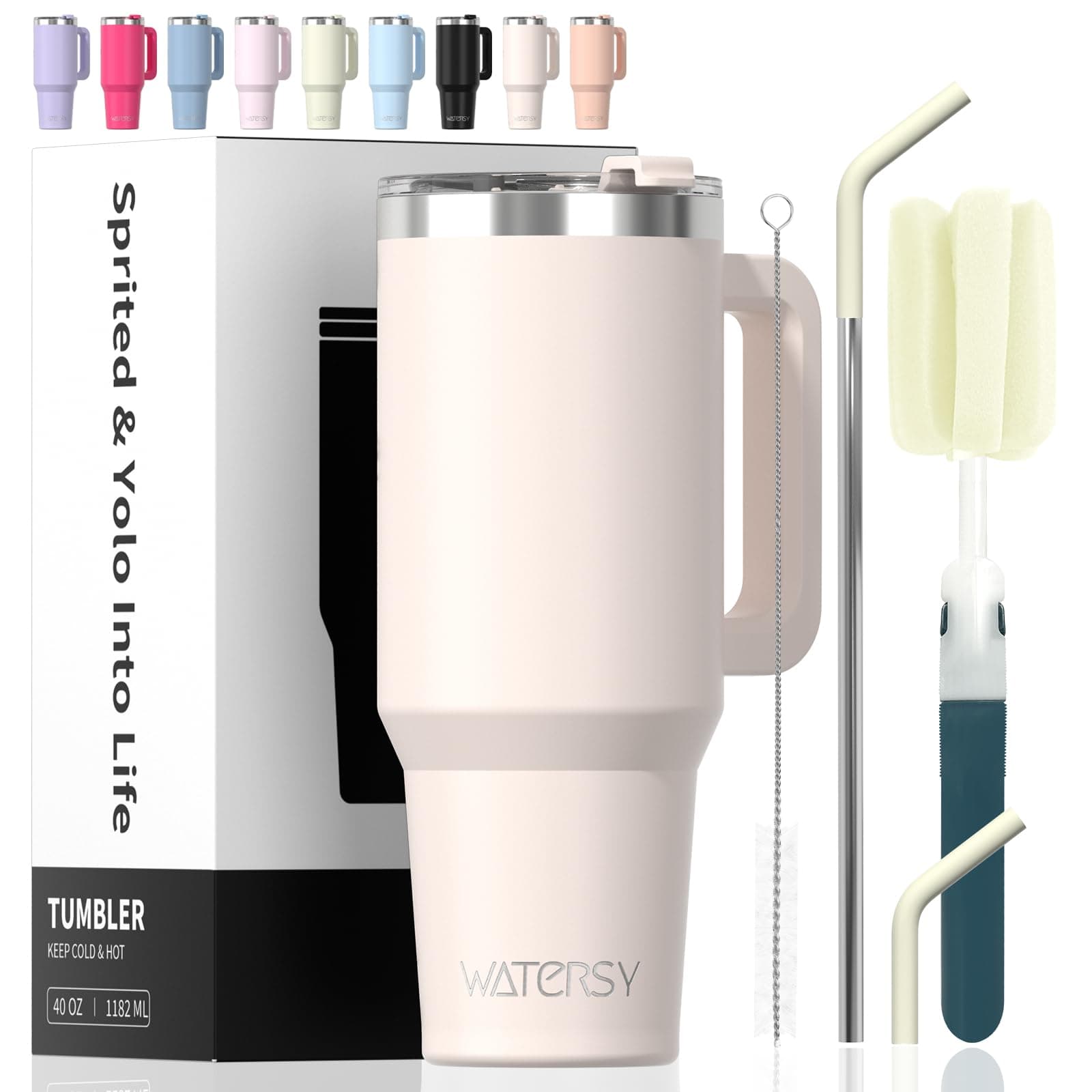 WATERSY 40 oz Tumbler with Handle,Tumbler with Lid and Straw,Double Wall Insulated Cup Stainless Steel Travel Mug(Cold for 34 Hours),Water Bottle for Iced Tea,Coffee,Cold Beverages(Ivory Beige)