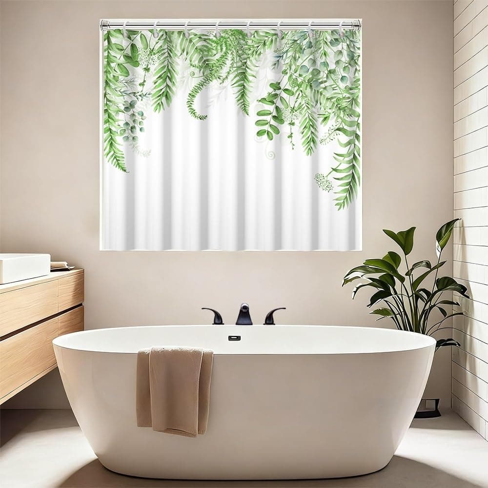 Leyiyi Short Shower Curtain, Waterproof Green Eucalyptus Leaves Shower Curtain with Hooks for Walkin Tub or Step in Tub, Botanical Plants Sage Bath Curtains Sets for Shower Window 72x48 Inch
