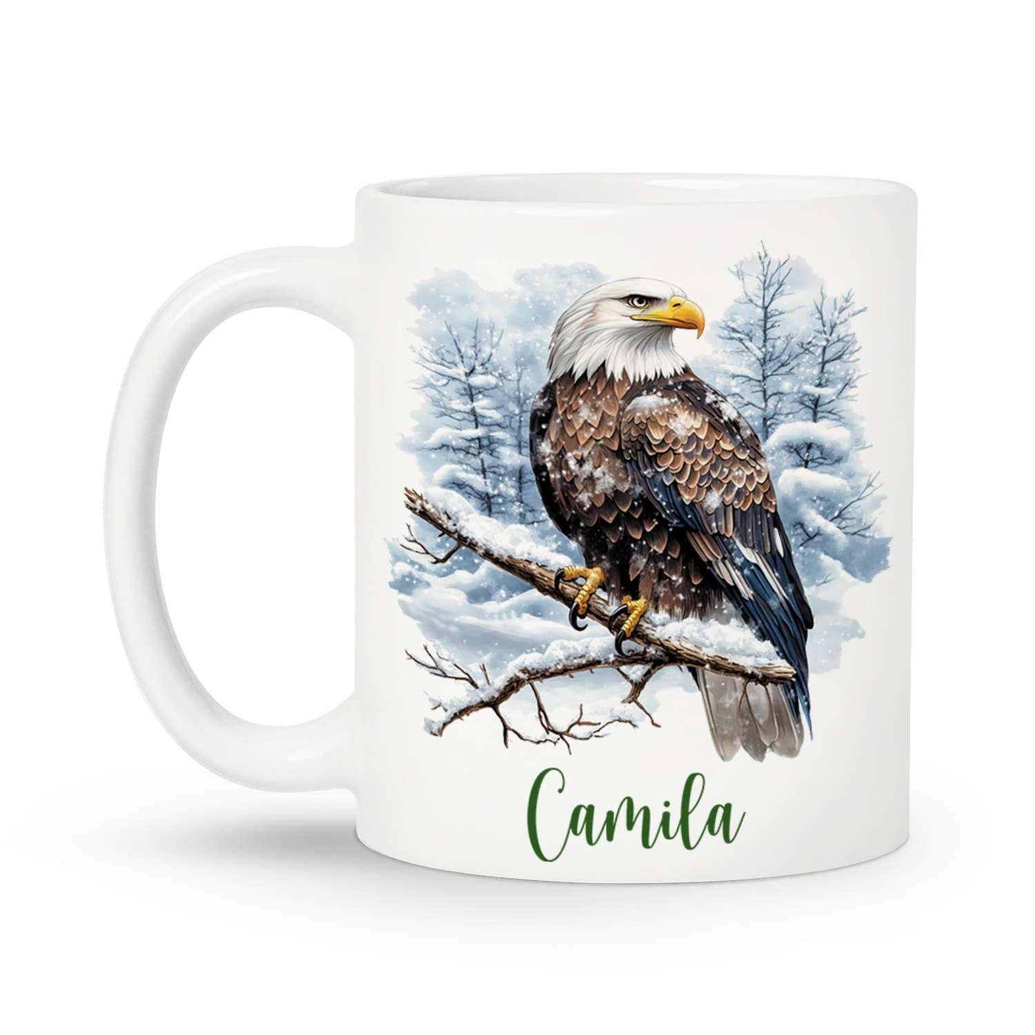 Personalized Winter Eagle Ceramic Mug, Gift For Wildlife Enthusiasts, Nature Lovers Mug, Animal Mug, Customized Choose Name Coffee Cup, Custom Winter Themed White Cup 11oz Or 15oz
