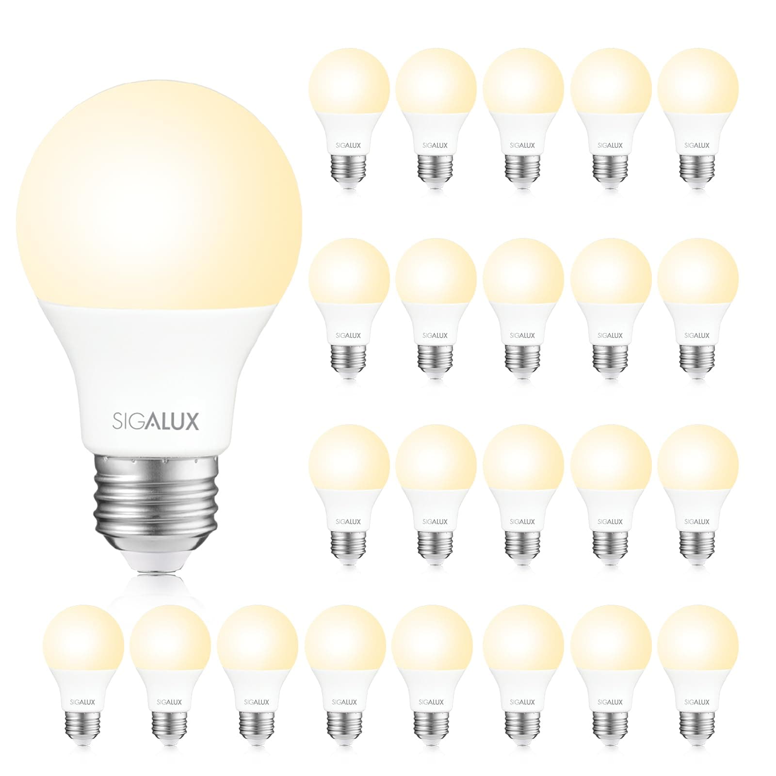 Sigalux EnergyPro, High-Efficiency LED Light Bulbs A19 60W Equivalen Non-Dimmable Warm Lightbulbs E26, Efficient 5W 2700K Soft White, 750 Lumens, ETL Listed, 24 Packs