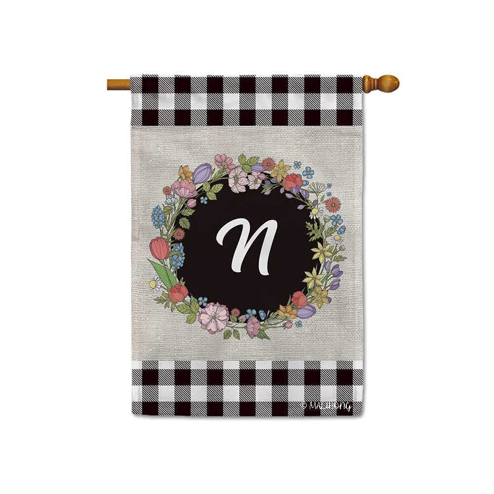 MALIHONG Wreath Monogram Letter House Flag Initial Letter N Buffalo Plaid Checked Spring Summer Banner for Home Decor 28x40 Inch Print Double Sides