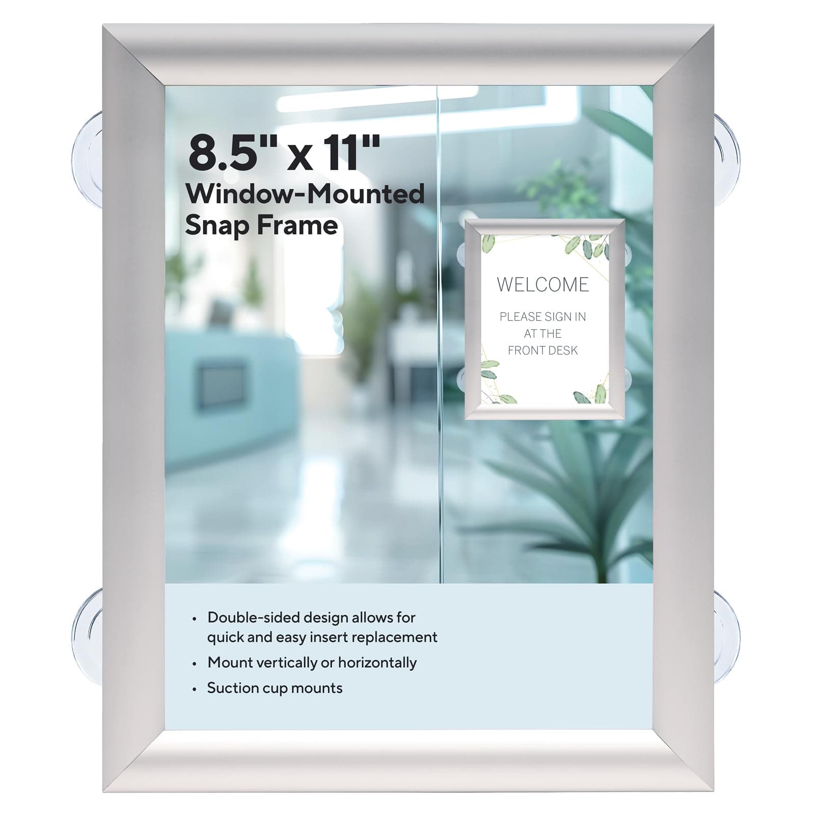 Excello Global Products 8.5"x11" Snap Frame with Suction Cups – Aluminum Front-Loading Display for Windows & Glass Surfaces