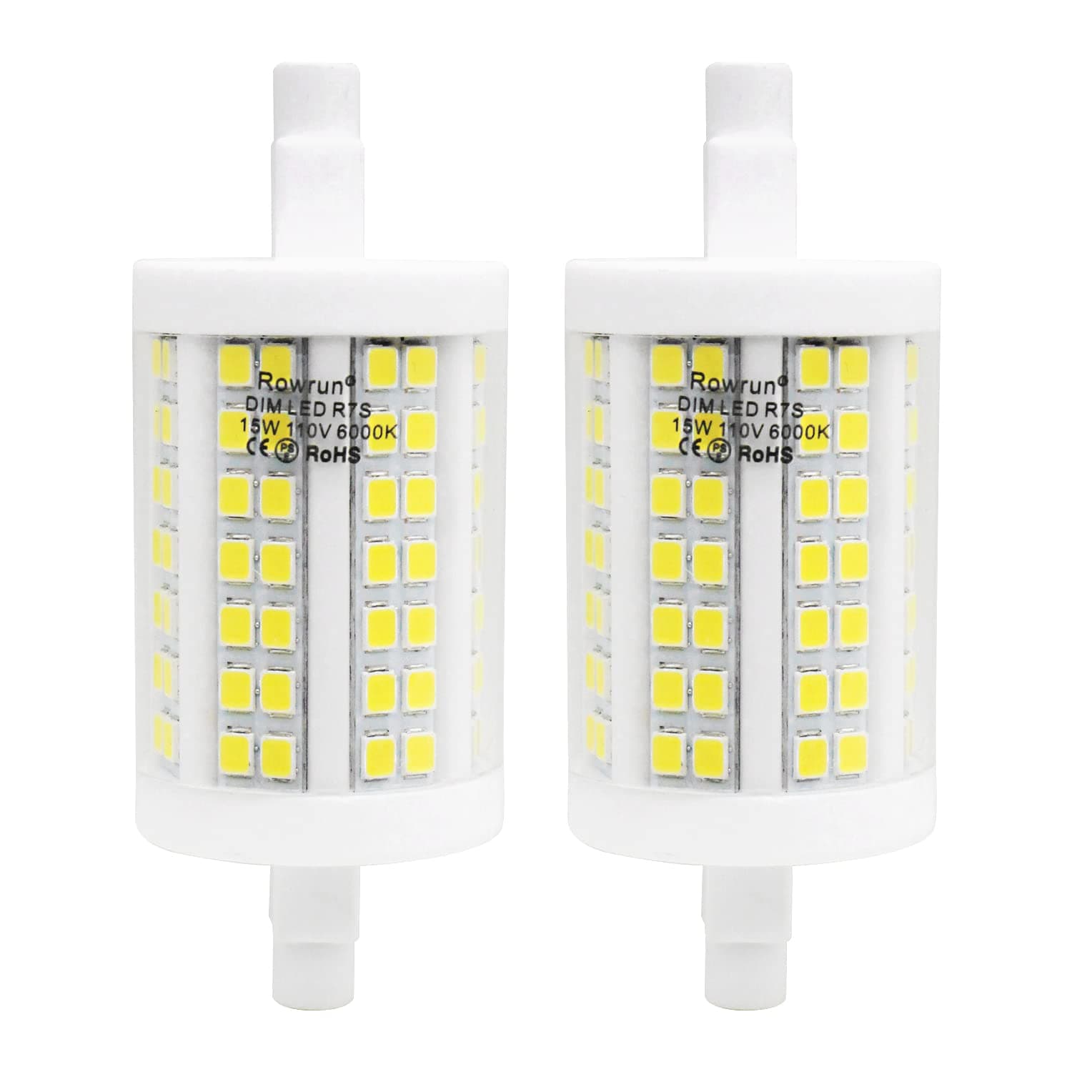 R7S LED Bulb 78mm Daylight 6000K J-Type Double Ended 15W Dimmable R7S LED Lamp Flood Light 300°Beam Angle Landscape Lights 2 Pack Rowrun