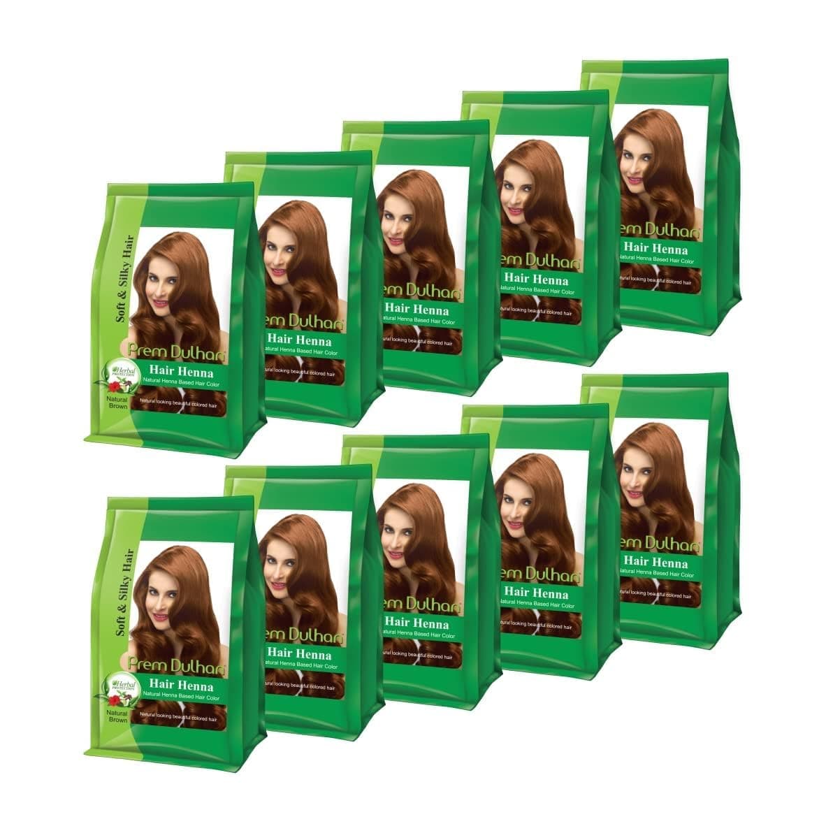 Prem Dulhan Hair Henna 125 GMS/4.40 Ounce for Vibrant & Long-Lasting Results, Natural Brown Shade, Ammonia-Free & PPD-Free Coloring, Sachets (125 GRM (Pack of 10), 1250 GRM)