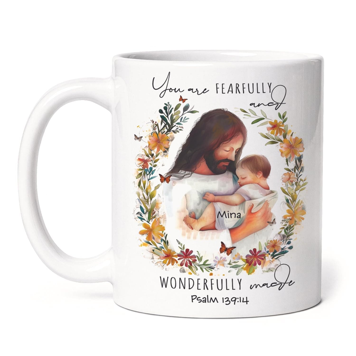 Heartwarming Jesus And Child Coffee Mug, Floral Wreath Ceramic Mug, Christian White Cup, Personalized Name Christian Mug, Novelty Bible Verse Cup 11Oz, Customized Christ Mug