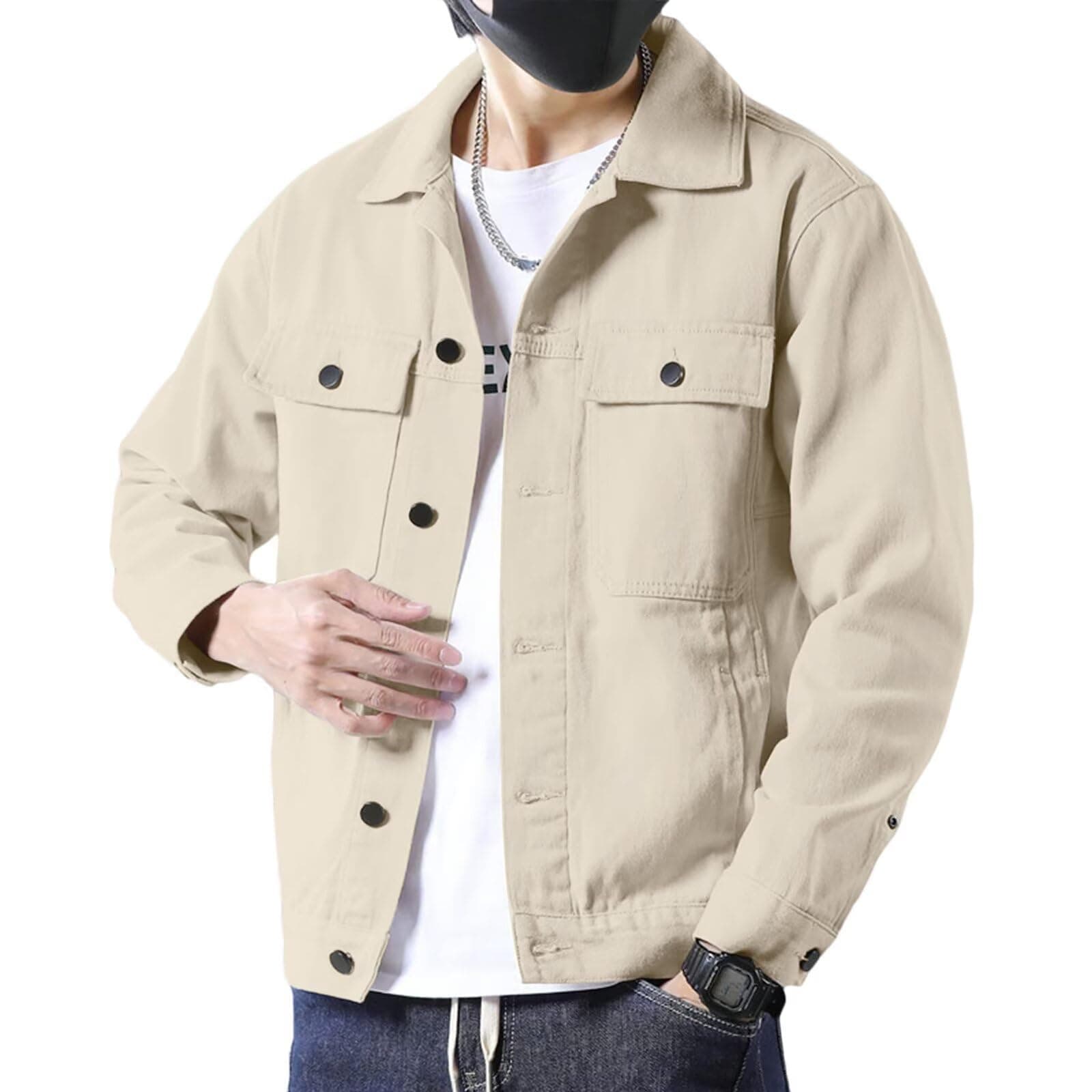 SANGTREE Men's Trucker Jacket Lightweight Cotton Casual Outerwear, Beige, X-Small