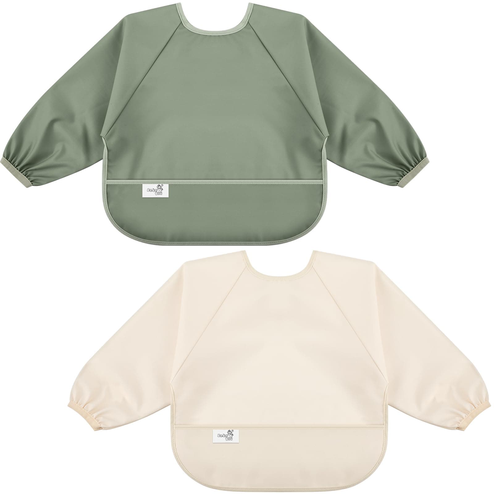 BebeBiu Long Sleeve Baby Bib, Waterproof Fabric, Full Coverage with Catch-All Pocket, 6-24 Months, 2-Pack (Lovry Sage, Small 6-24 Months)
