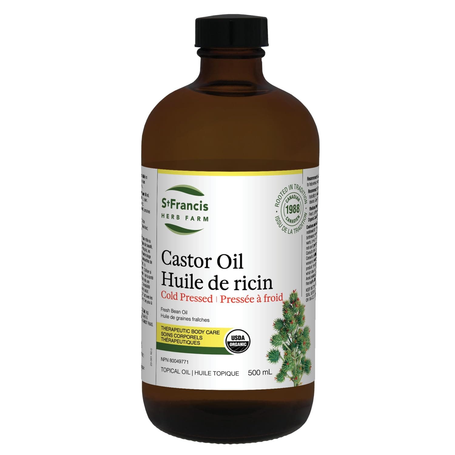 ST FRANCIS HERB FARM Castor Oil (500ml) USDA Certified Organic, Cold Pressed, Hexane-Free, GMO Free, Vegan, Vegetarian, Sealed in Protective Amber Glass (1 Bottle) Hair, Skin, and Nail Care