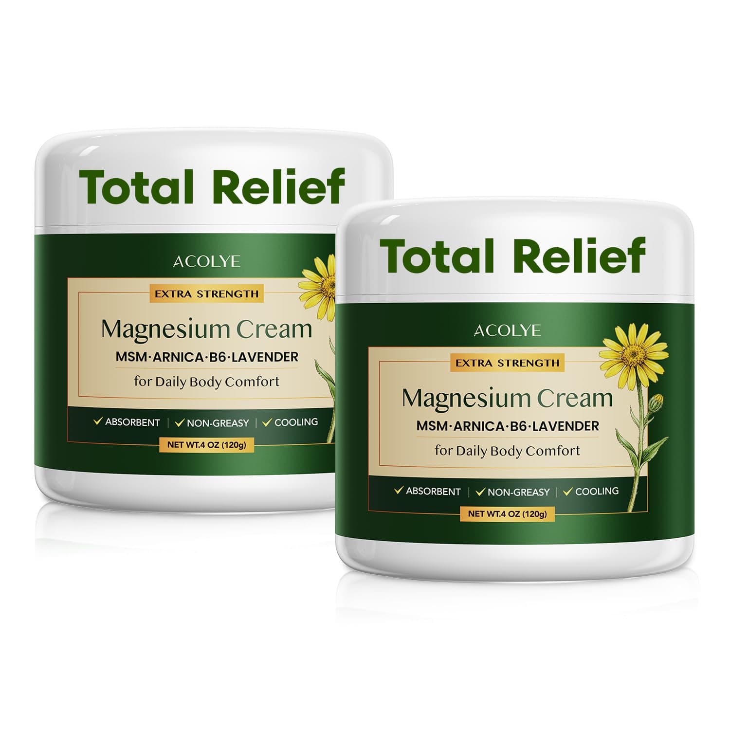 2PCS Total Relief Magnesium Cream with Arnica: Topical Magnesium Chloride with MSM, B6 - Fast Absorbing & Non-Greasy for Muscles, Joints & Legs - 4 OZ/PC