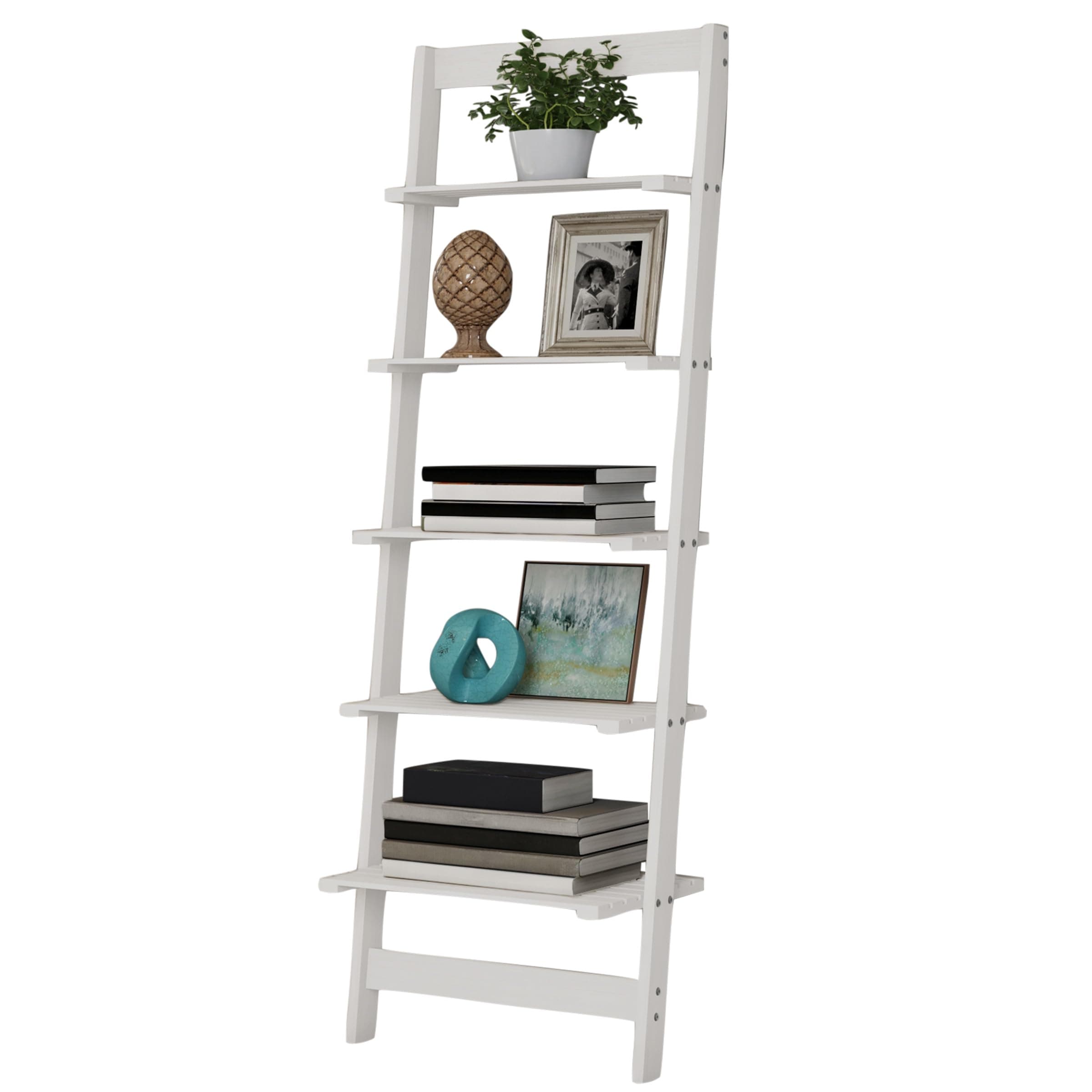 5-Tier Ladder Shelf - 50-Inch Narrow Leaning Bookshelf - Wooden Bookcase for Living Room, Bathroom, Kitchen, Office, or Bedroom Furniture by Lavish Home (White)