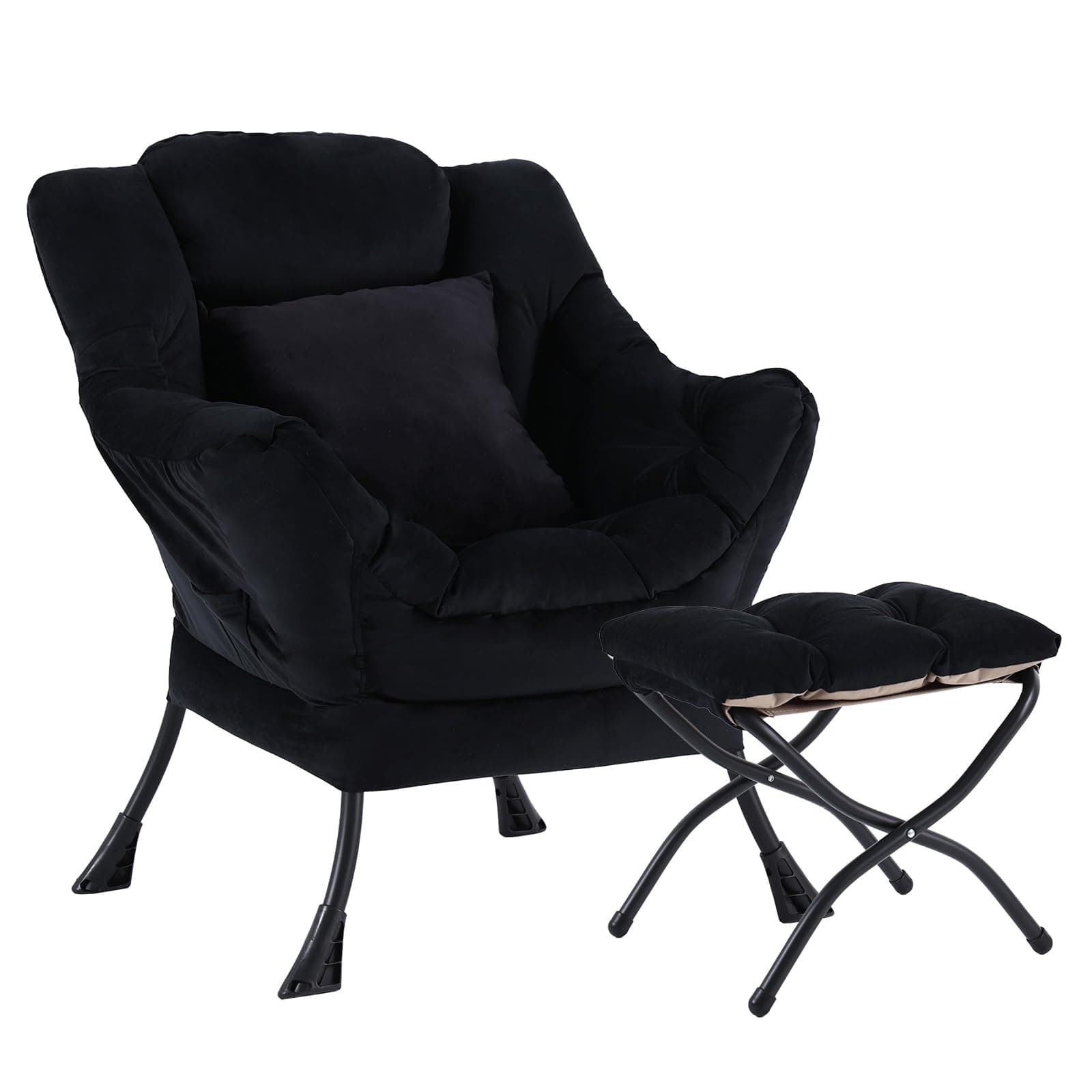 YOTATING Lazy Chair with Ottoman, Comfy Reading Lounge Chair with Footstool & Throw Pillow Modern with Armrests & Side Pocket for Living Room, Bedroom, Dorm Room, Velvet Black