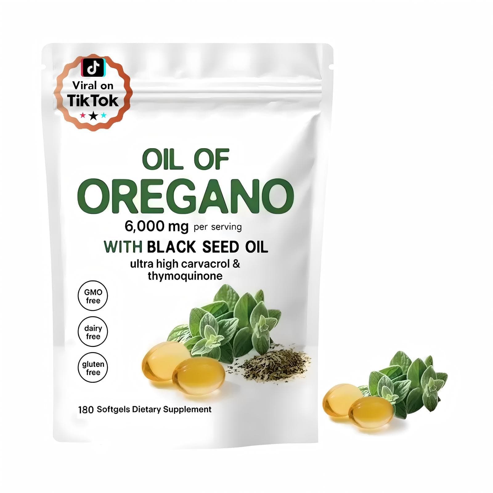 Oil of Oregano Softgels 6000mg Per Serving, 2 in 1 Formulated with Black Seed Oil 200mg, 4X Strength Carvacrol & Thymoquinone | Plant Based, Non-GMO & Immune Support (180 Count/1 Bag)