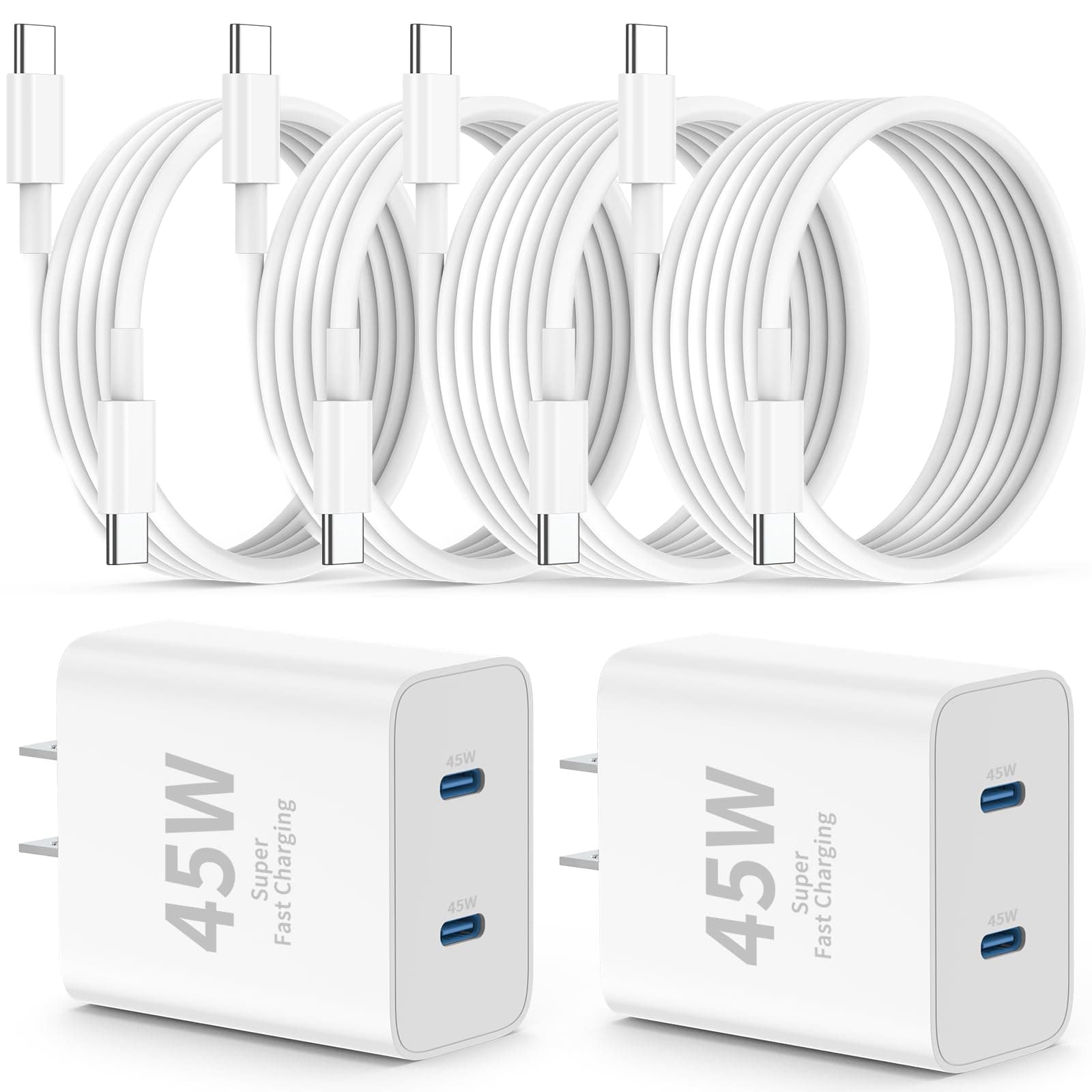 QZIIW iPhone 17 16 15 Charger Fast Charging, 2Pack 45W Dual Port USB C Fast Charger Block & Extra Long 60W 3/3/6/6 FT USB C Cable - PD Quick Adapter 3.0 for iPhone 16 15 Pro Max/16 15Pro/16 15 Plus.