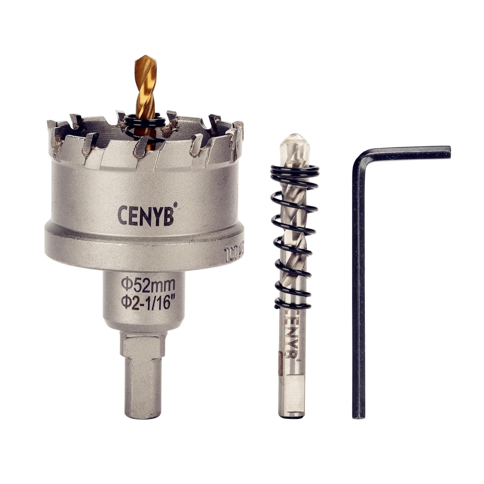 CENYB 2-1/16" (52mm) Tungsten Carbide Tipped Hole Saw with 2Pcs Titanium-Plated Pilot Drill Bits for Metal, Steel, Iron, Wood, Plastic