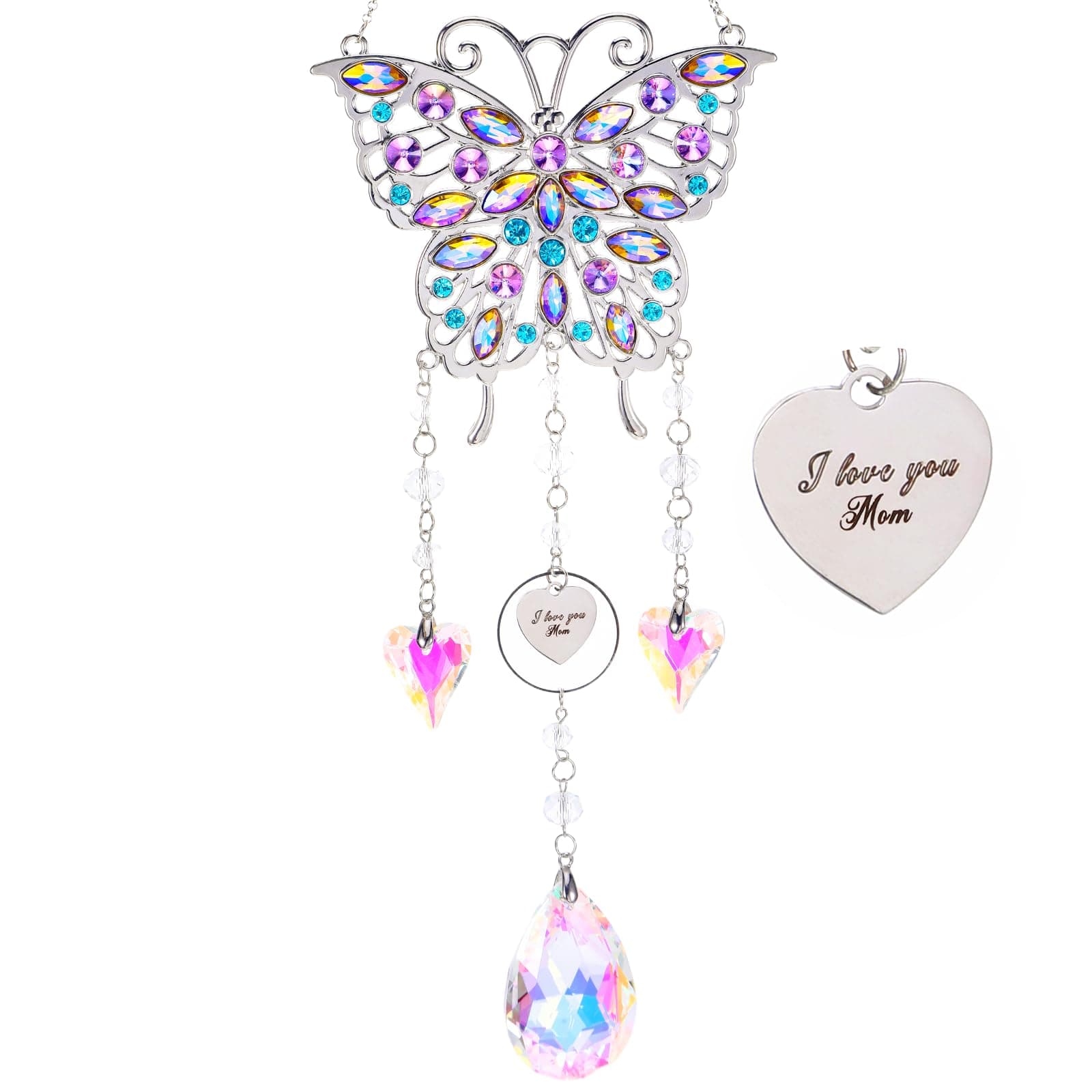 I Love You Mom Crystal Butterfly Suncatcher, Butterfly Wind Chimes from Daughter Son Unique, Crystal Window Suncatcher for Mother, I Love You Mom Gifts Suncatchers for Windows Hanging