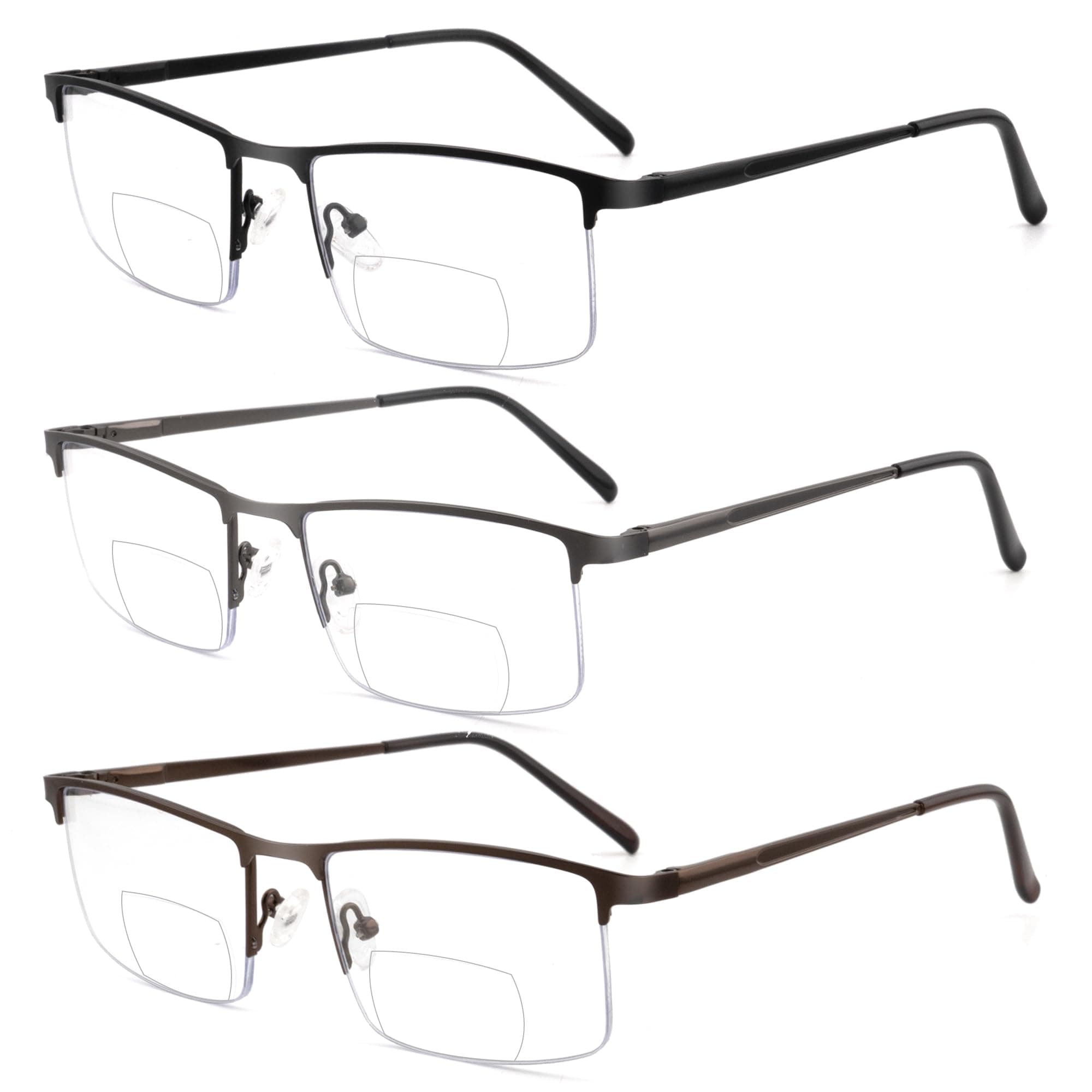 zooxsky 3 Pack Bifocal Reading Glasses for Men,Lightweight Metal Half Frame Clear Top Bi-focal Readers with Spring Hinge+2.00