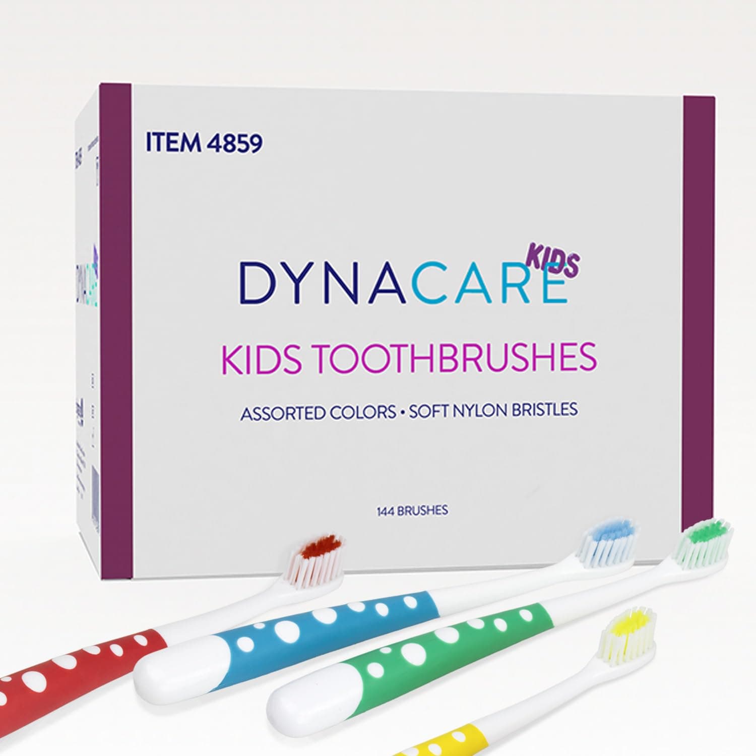DynaCare Disposable Toothbrushes for Kids - Ages 3+, Bulk Box of 144 - Red, Green, Blue & Yellow—Soft Bristles, Bright & Colorful Design, Kids Bulk Toothbrushes