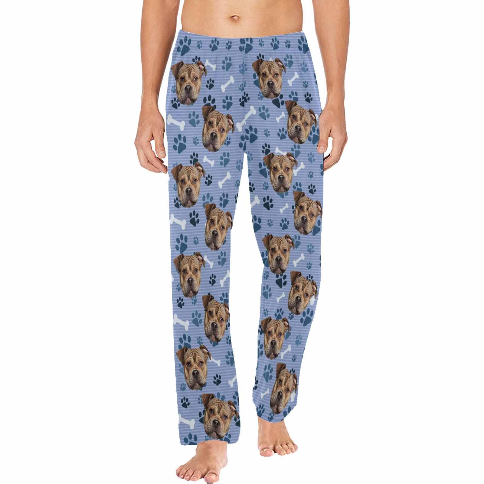 MyPupSocks Personalized Pet Pajamas Pants for Men, Custom Dog Paw Prints Dog Bone Pajamas Bottoms with Dog Photo Cat Picture Sleep Pjs Trousers Nightwear for Dad L