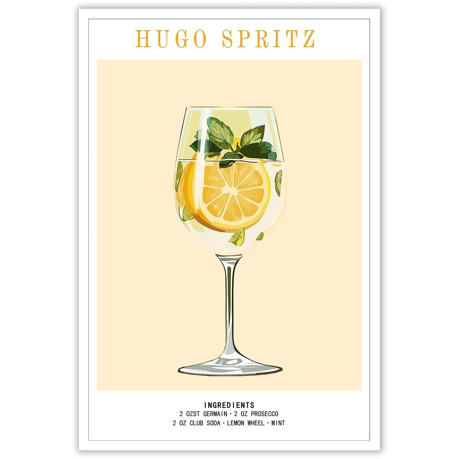 JMGHKL Hugo Spritz Cocktail Poster Wall Art Bar Cart Liquor Poster Drinks Wall Art Home Decor For Bar Pub Kitchen Club Cocktail Prints Bar Posters 8x12in Unframed