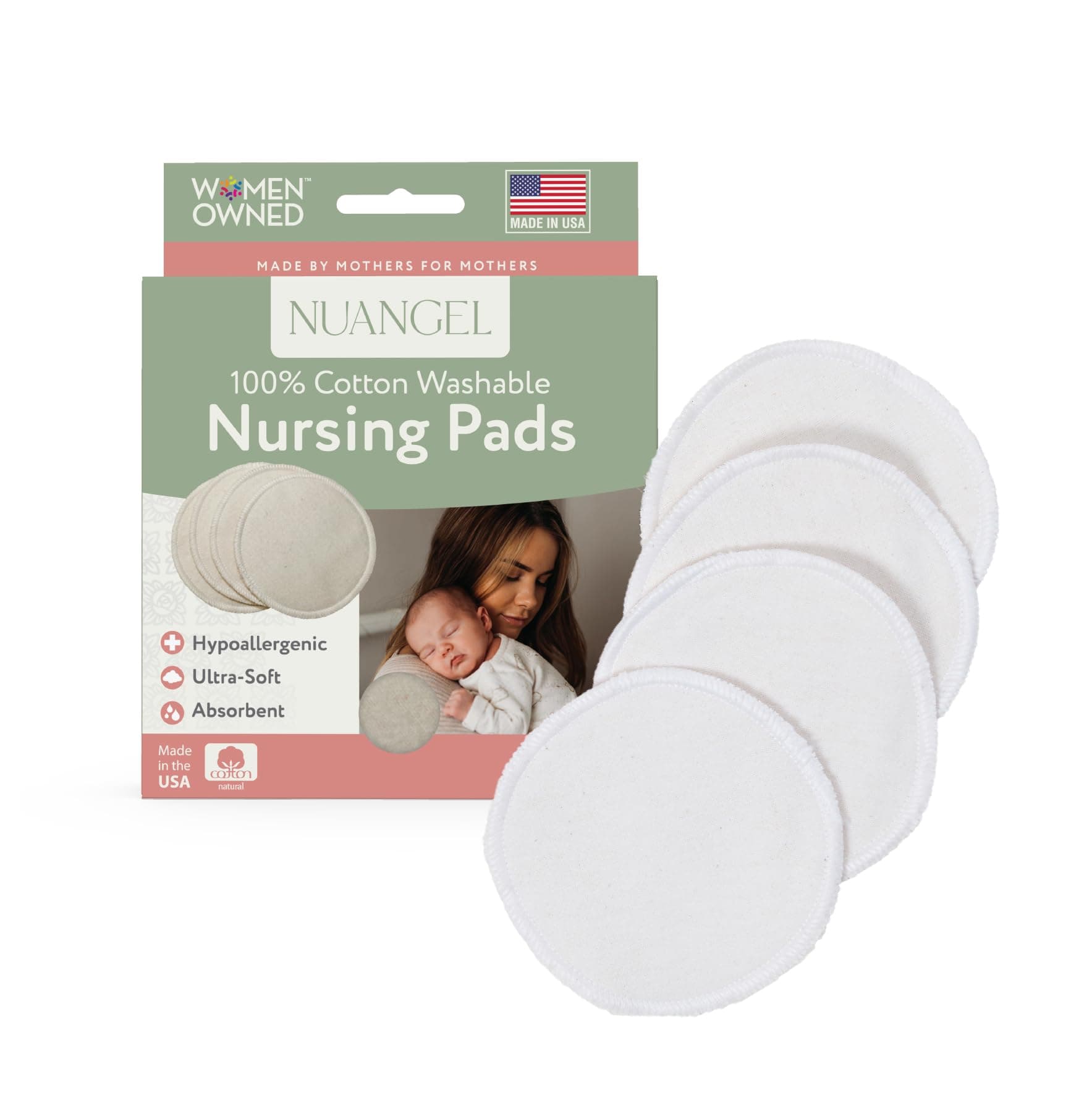 NuAngel Washable Nursing Pads 100% Cotton - Natural - 8 pads - Made in U.S.A.