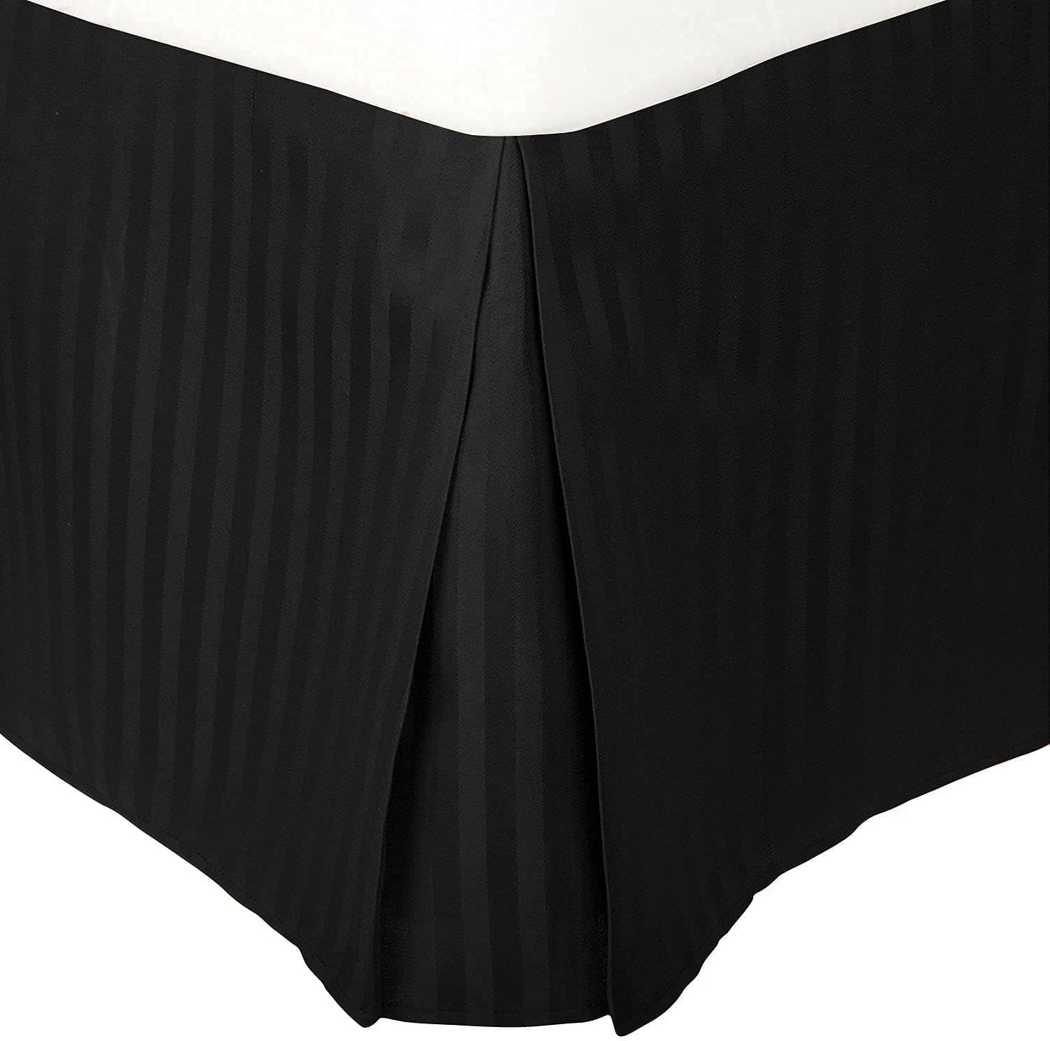 DreamyDestiny Split Corner Bed Skirt Easy Fit 25-Inch Drop/Fall Length Bed Skirts for Queen Size Bed - 600-TC Hotel Quality Organic Cotton Pleated Bed Skirt (Black, Stripe)