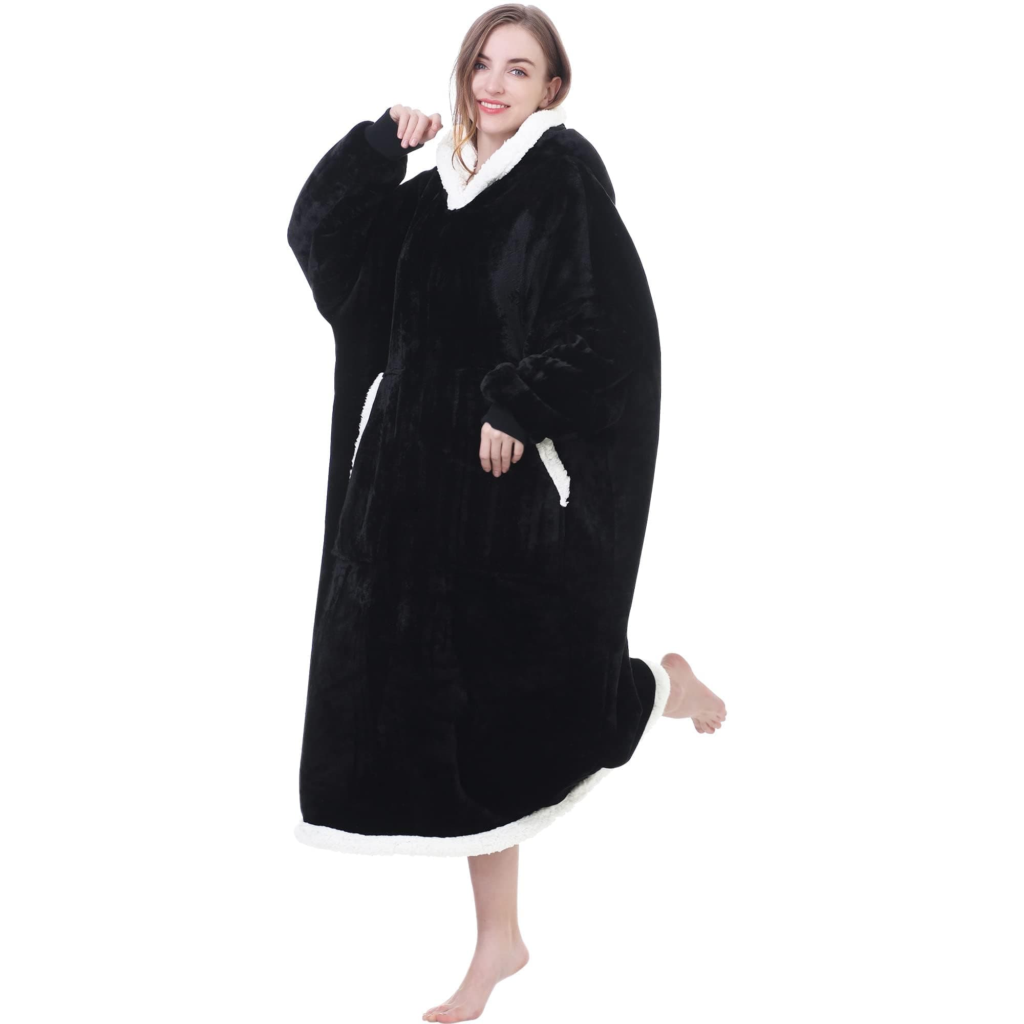 Oversized Hoodie Blanket for Women and Men, 150cm Extra Long Fleece Wearable Sweatshirt Blanket for Adult, Super Warm Sherpa Hoodie with Pocket (Black)