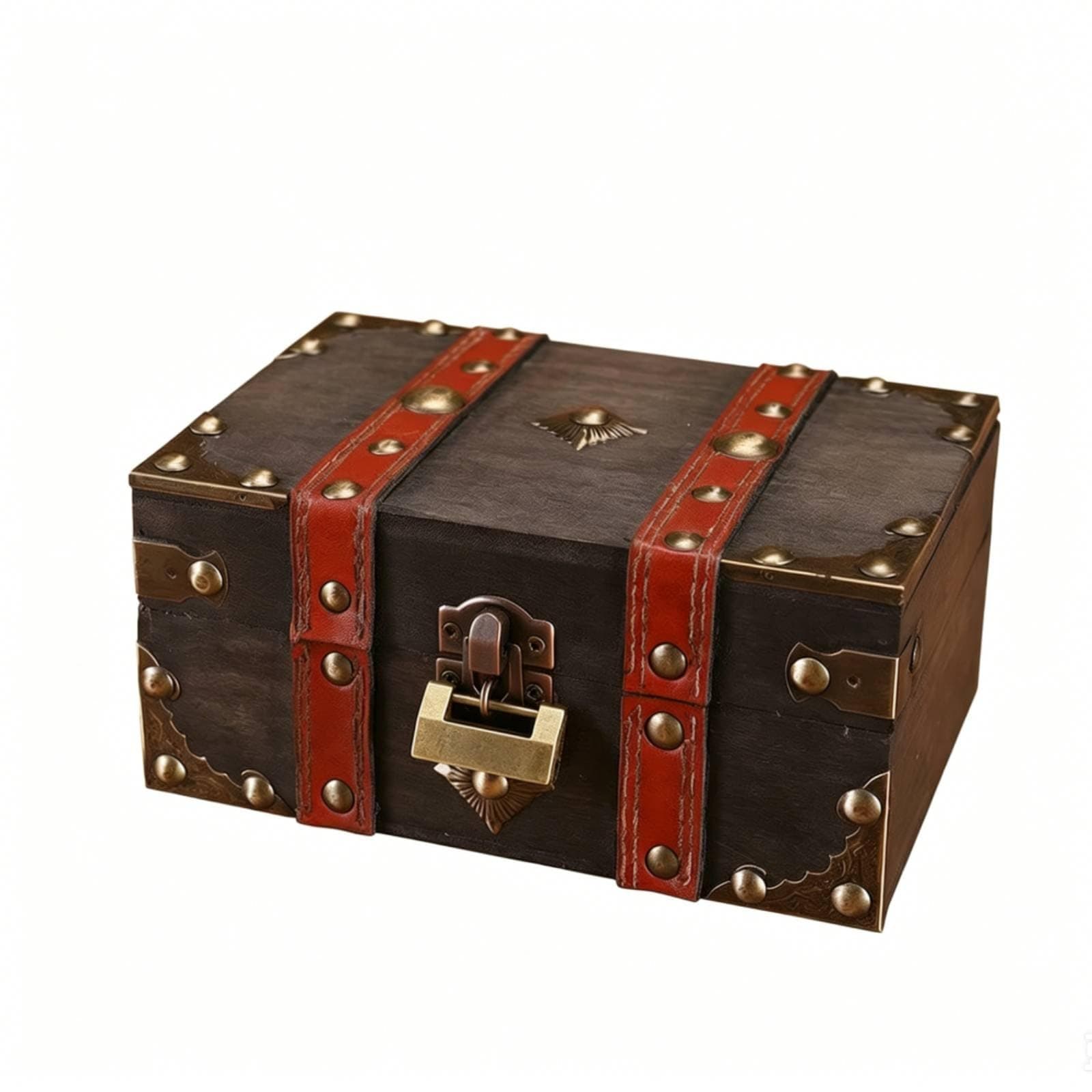 Stxdynjy Rustic Wooden Treasure Chest | Faux Leather Strap Accents, Vintage Wooden Treasure Chest, Compact, for Desk, Shelf, Gray, L, Small Lock
