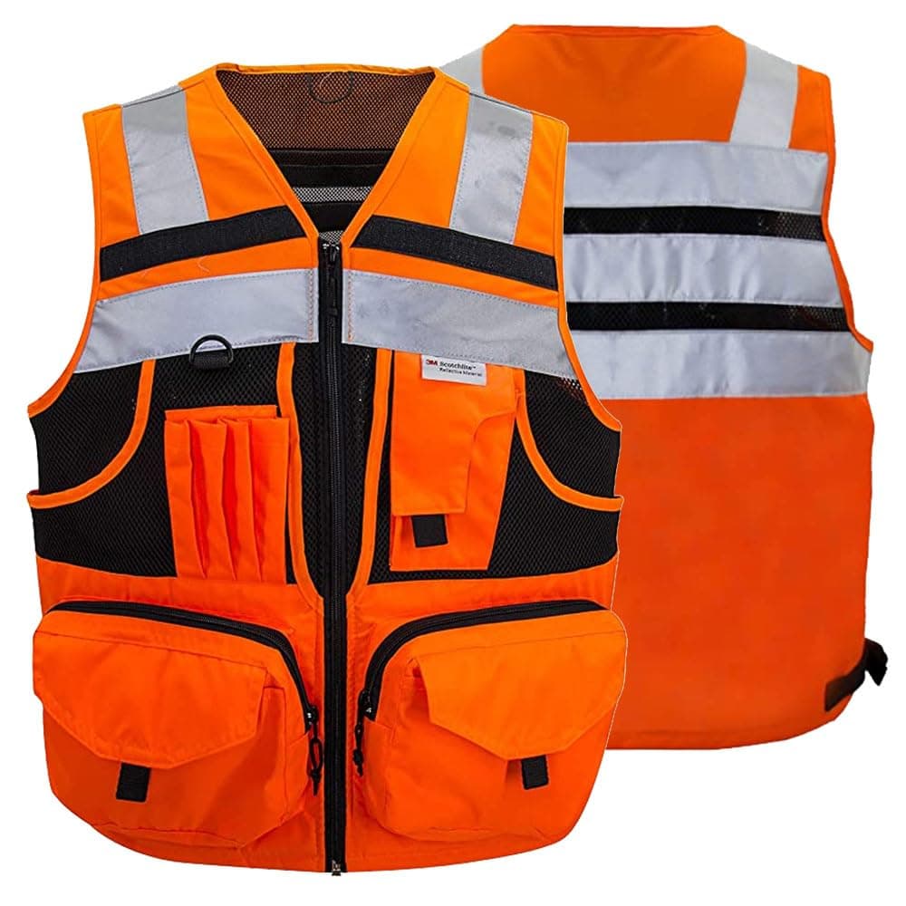 Kasa Style 3M Reflective Stripes Safety Vest Hi-vis Yellow Knitted 10 Pockets Bright Construction Workwear Men Women M-7XL, Hi-vis Orange, 4X-Large
