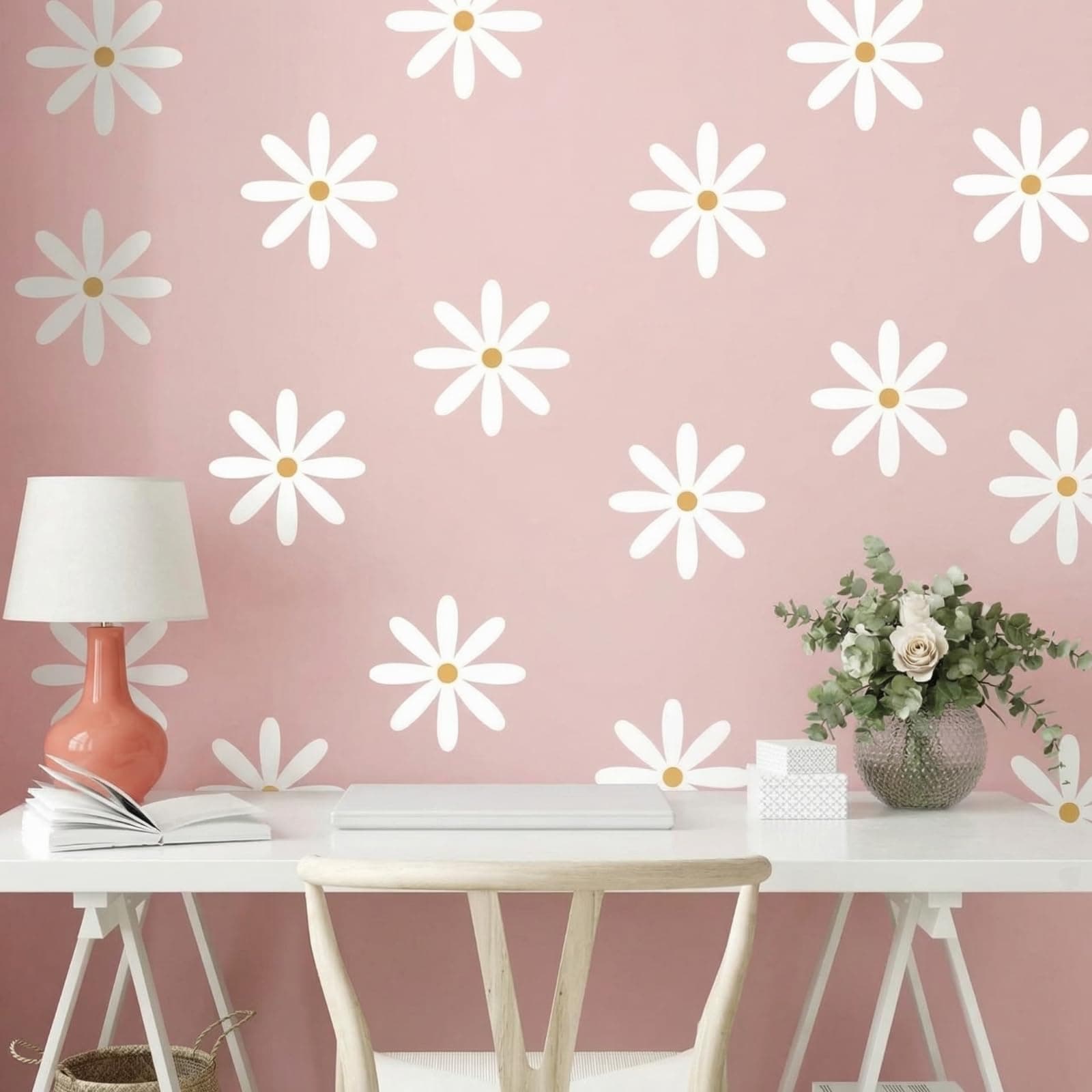 TaoBary 12 Sheet Daisy Wall Sticker Decal Removable Cute Daisy Bedroom Room Decor Flower Wall Sticker Pink White Flower Decal Wallpaper Peel and Stick for Nursery Home(White, Yellow,Fresh Style)