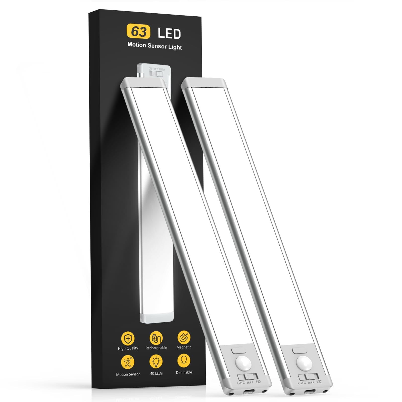 Luces LED MCGOR, 63 luces recargables con sensor de movimiento, paquete de 2 luces magnéticas regulables para clóset, luces inalámbricas debajo del mostrador para interiores, blancas, 14.7 pulgadas