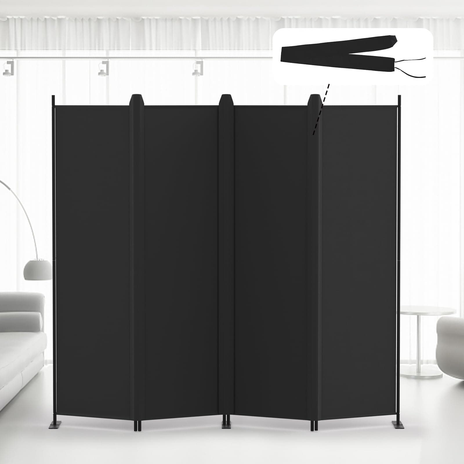 Kokorona 4 Panel Room Divider, 6FT Tall Folding Privacy Screen Wall Dividers, Portable Privacy Screen Freestanding Room Divider for Room Separation, Included - Cover Strips, Black, 88''W x 71''H