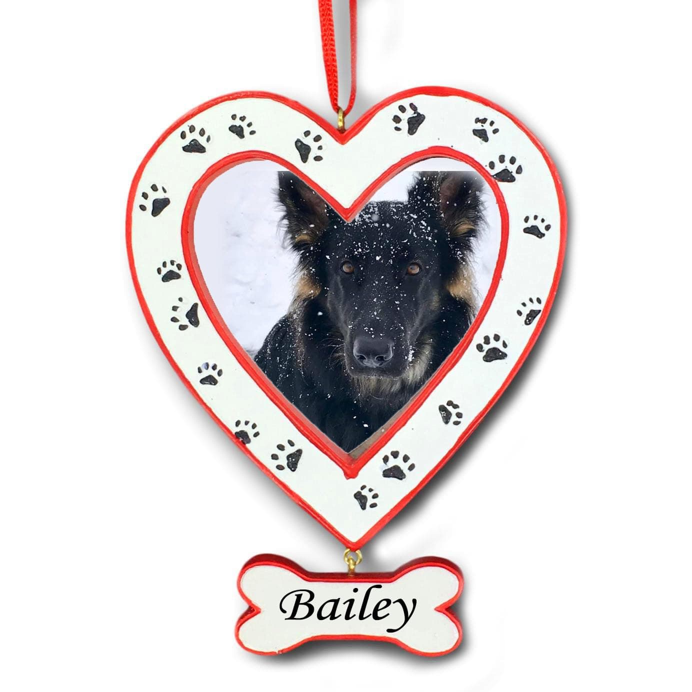Kurt Adler Personalized Red and White Heart Shape Dog Paw Print with Dog Bone for Pet Hanging Christmas Ornament and Display Photo Frame with Custom Name - 3.25 Inches