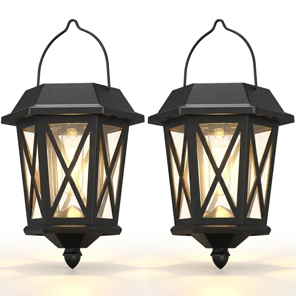 Solar Lantern Outdoor Hanging Solar Lights, Waterproof Metal Solar Lights Outdoor with Clear Glass, LED Solar Powered Lights Wall Mount for Yard Garden Wall Outdoor, Black - 2 Pack